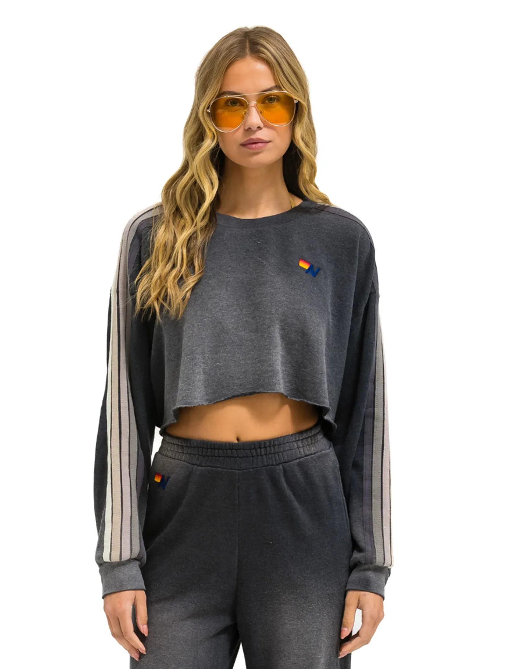 Embroidered Logo Relaxed Cropped Crew Stripe Sweatshirt, Faded Smoke