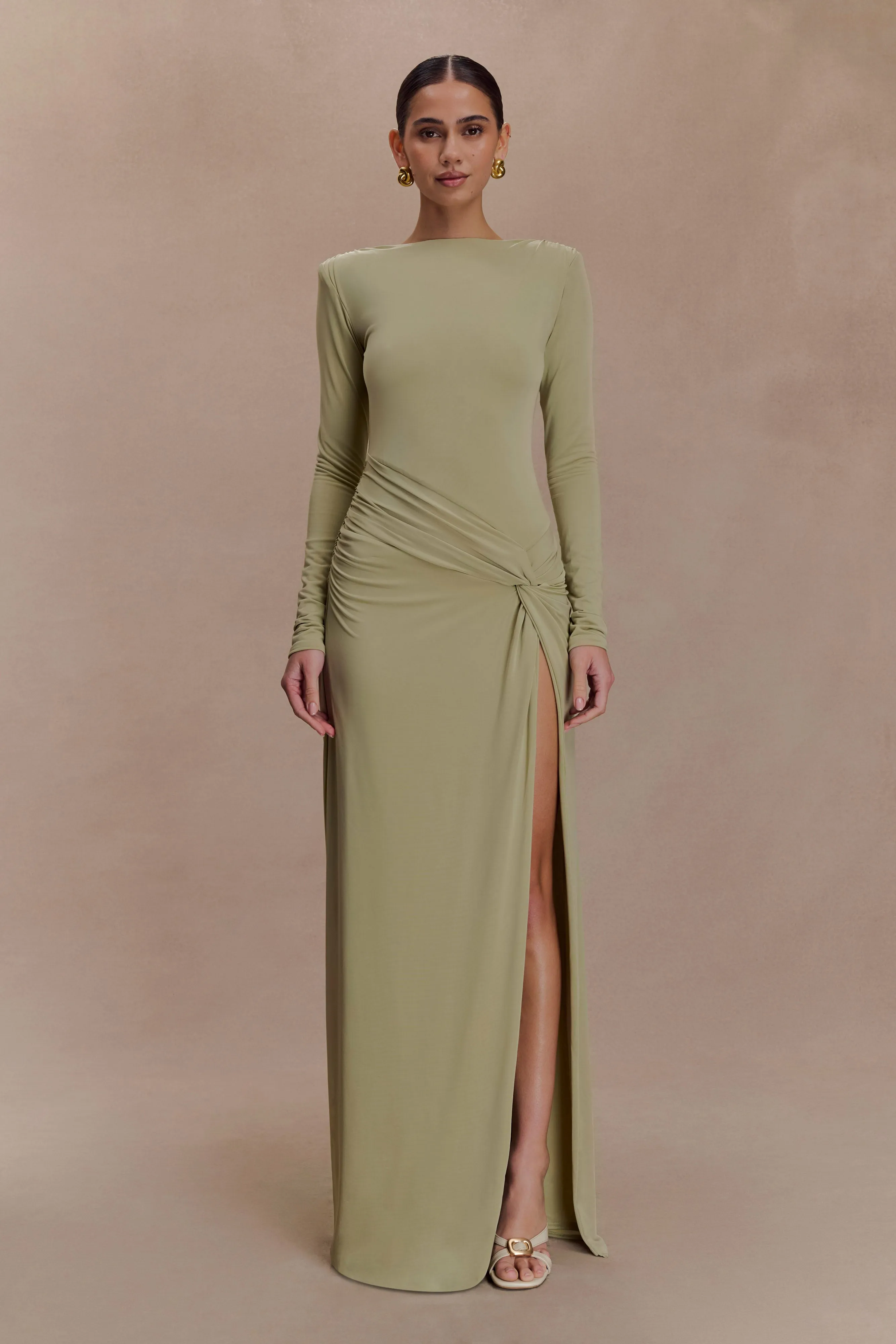 Deanna Long Sleeve Gathered Maxi Dress - Sage Refined Finish
