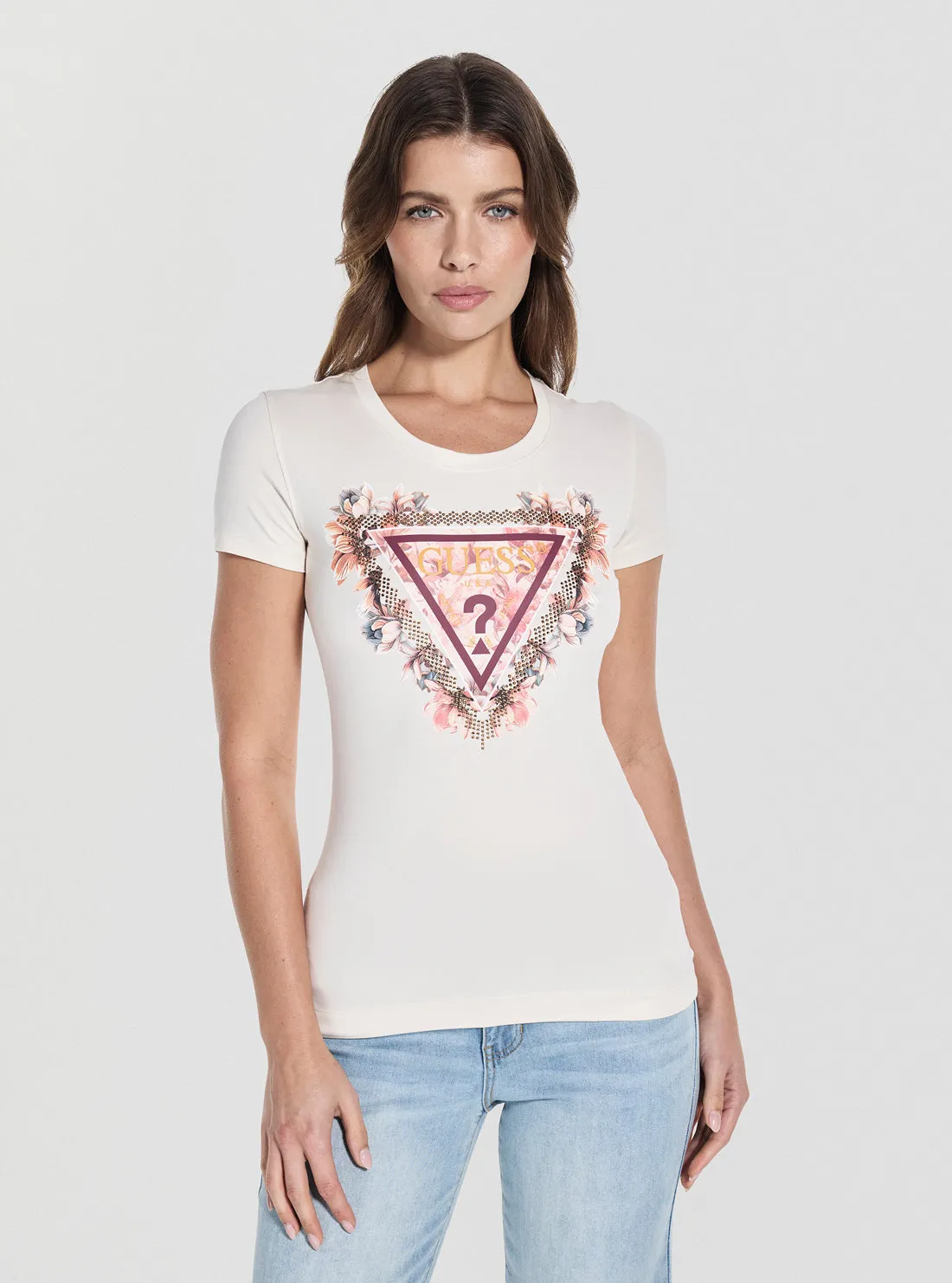 Eco White Triangle Flowers T-Shirt Active Comfort Style sale season