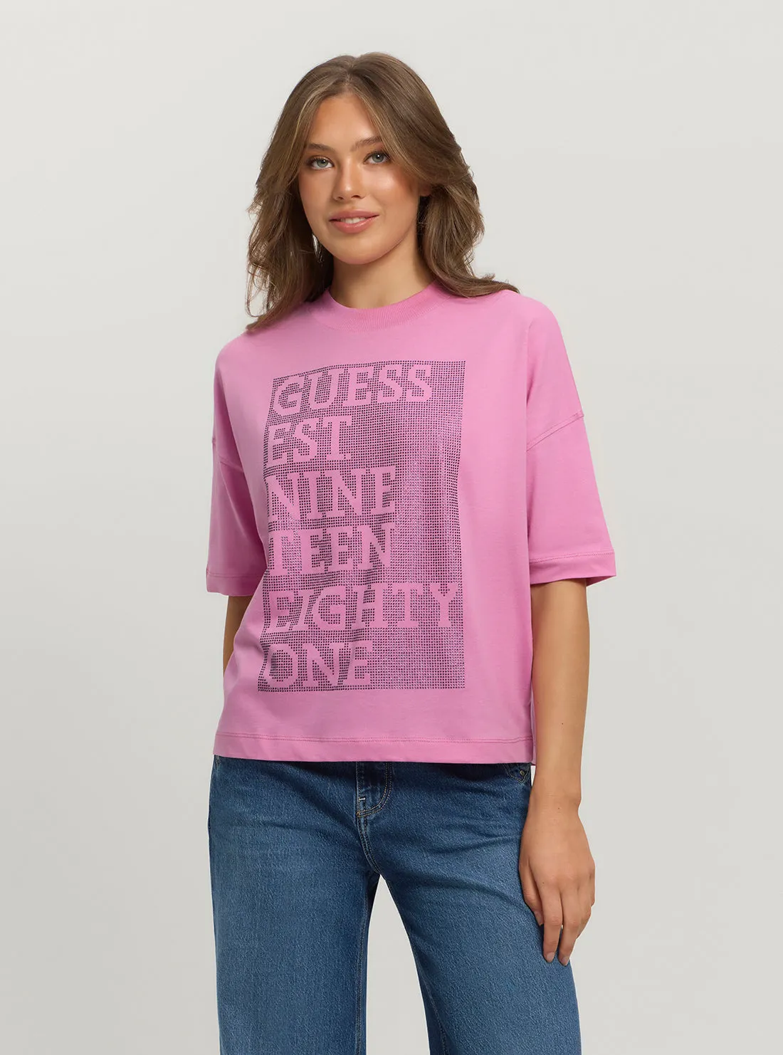 Non Restrictive Silhouette Layered Collar Eco Pink Shiny Box T-Shirt