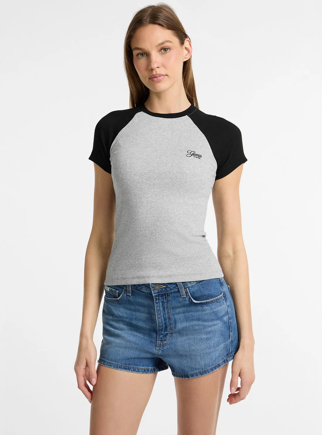Guess Jeans Eco Grey Raglan Embroidered Slim T-Shirt Chic Wearable Stylish Wear