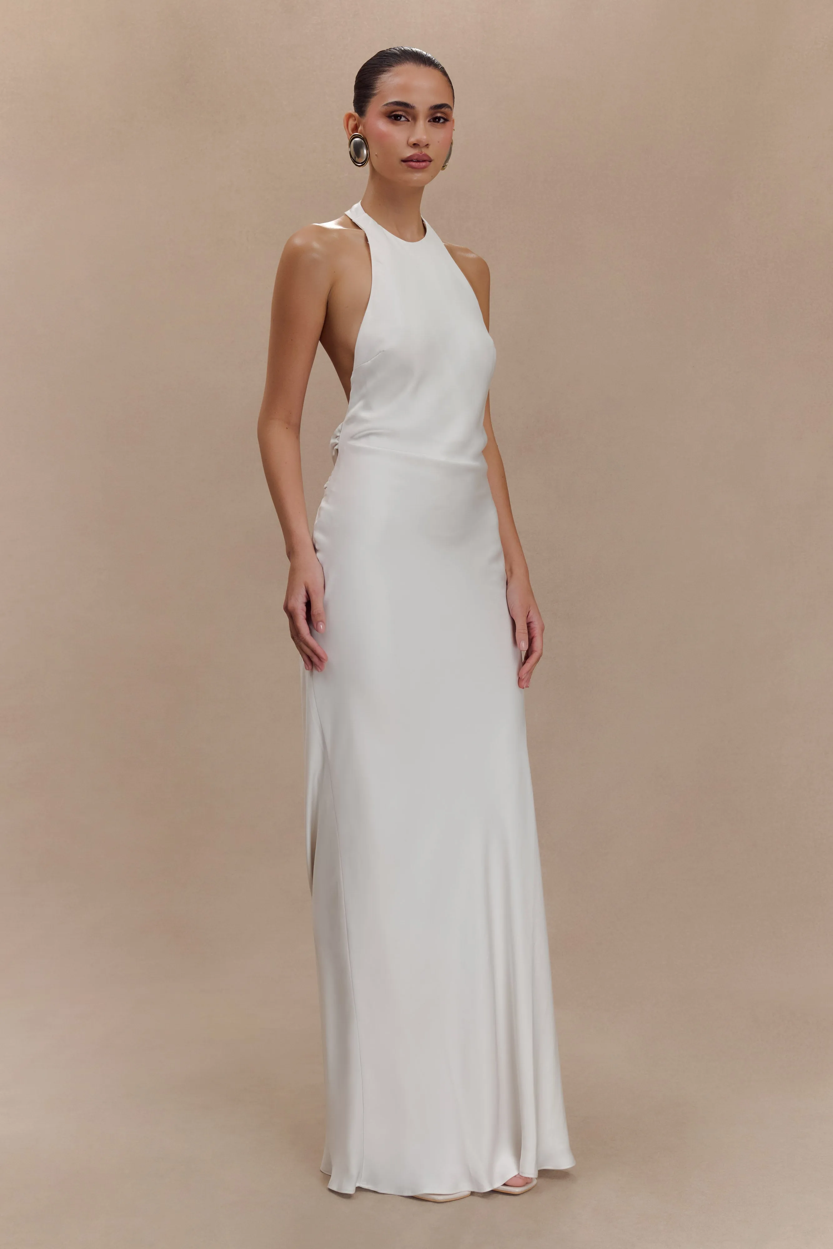 WideCollarDesign Drawstring-Closure Rinna Satin Halter Maxi Dress - Ivory