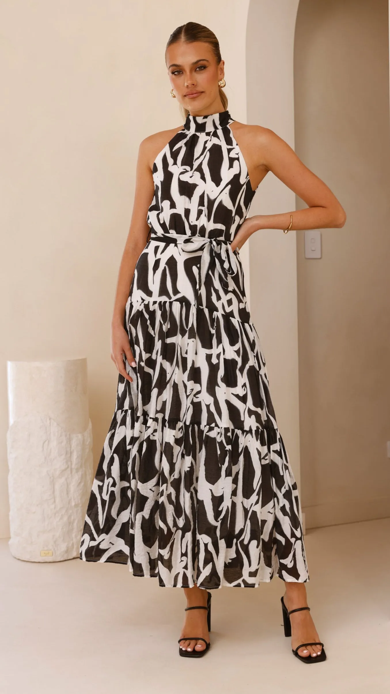 River Halter Midi Dress - Black/White Urban Favorite