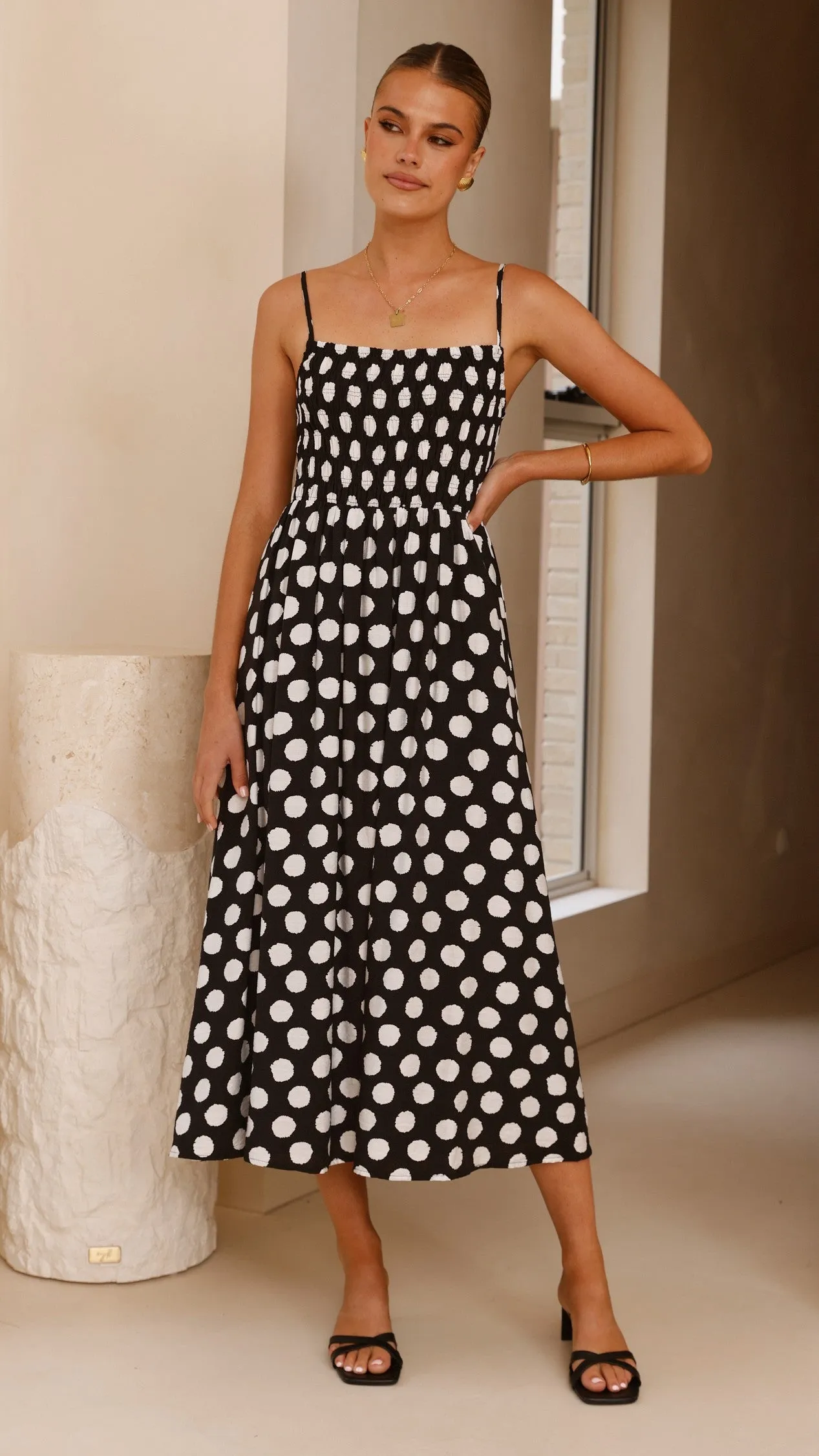 Roma Midi Dress - Black/ White Polka Dot Easy Elegance