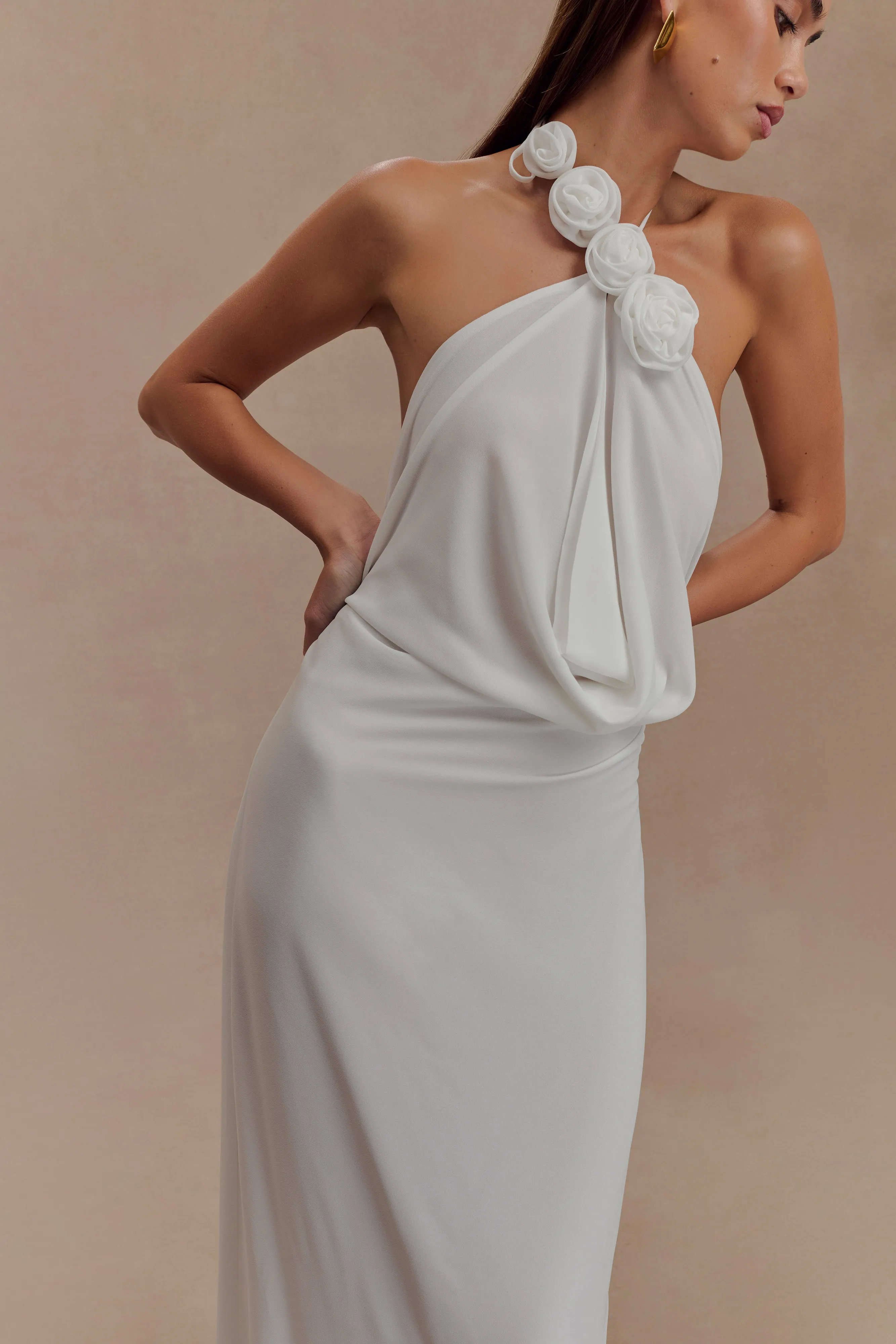 Form Fitting Ethically-Made Rosalia Cowl Neck Maxi Dress - White