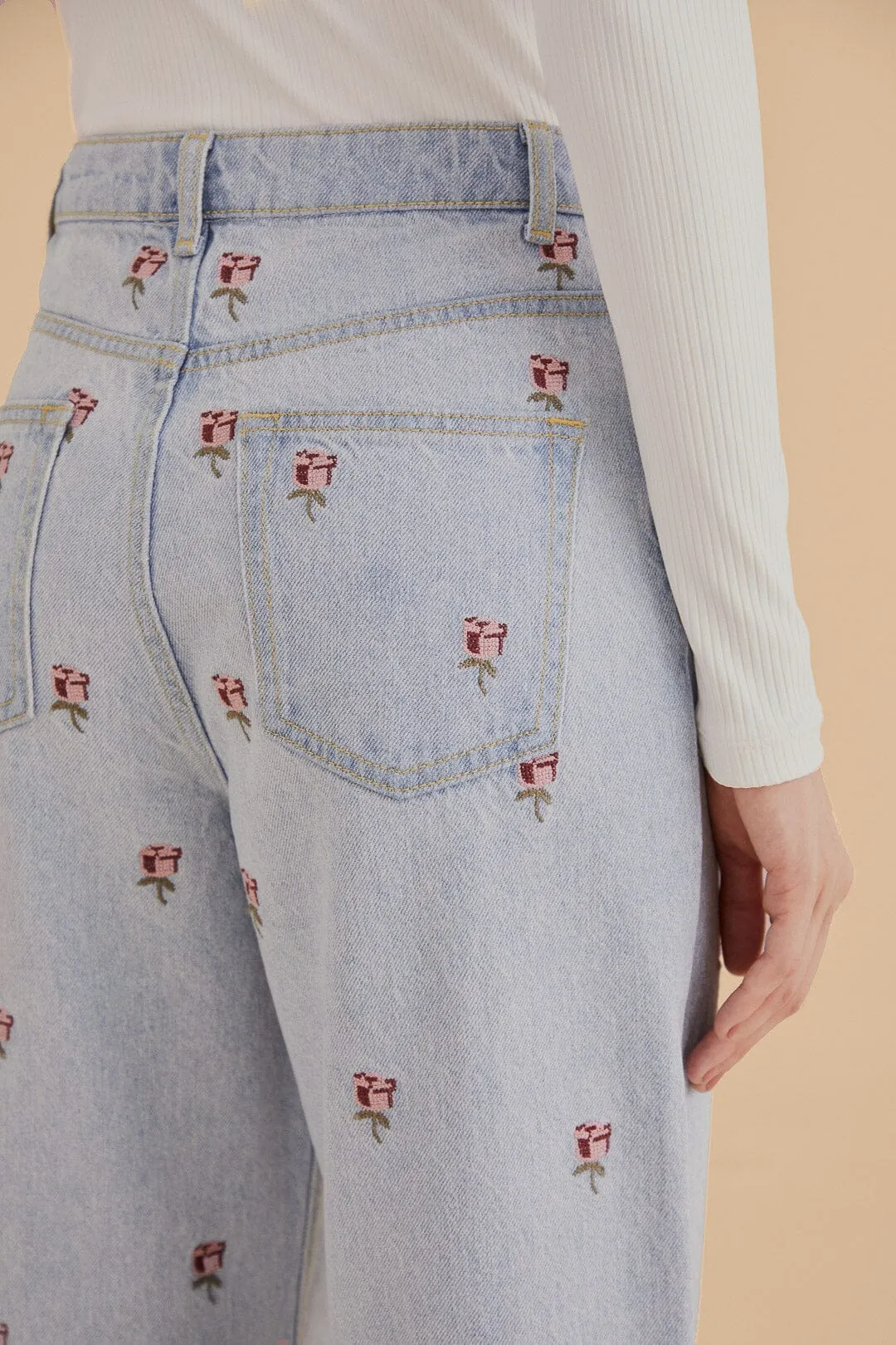 Rose Embroidered Denim Pants Versatile Layer Wool blend