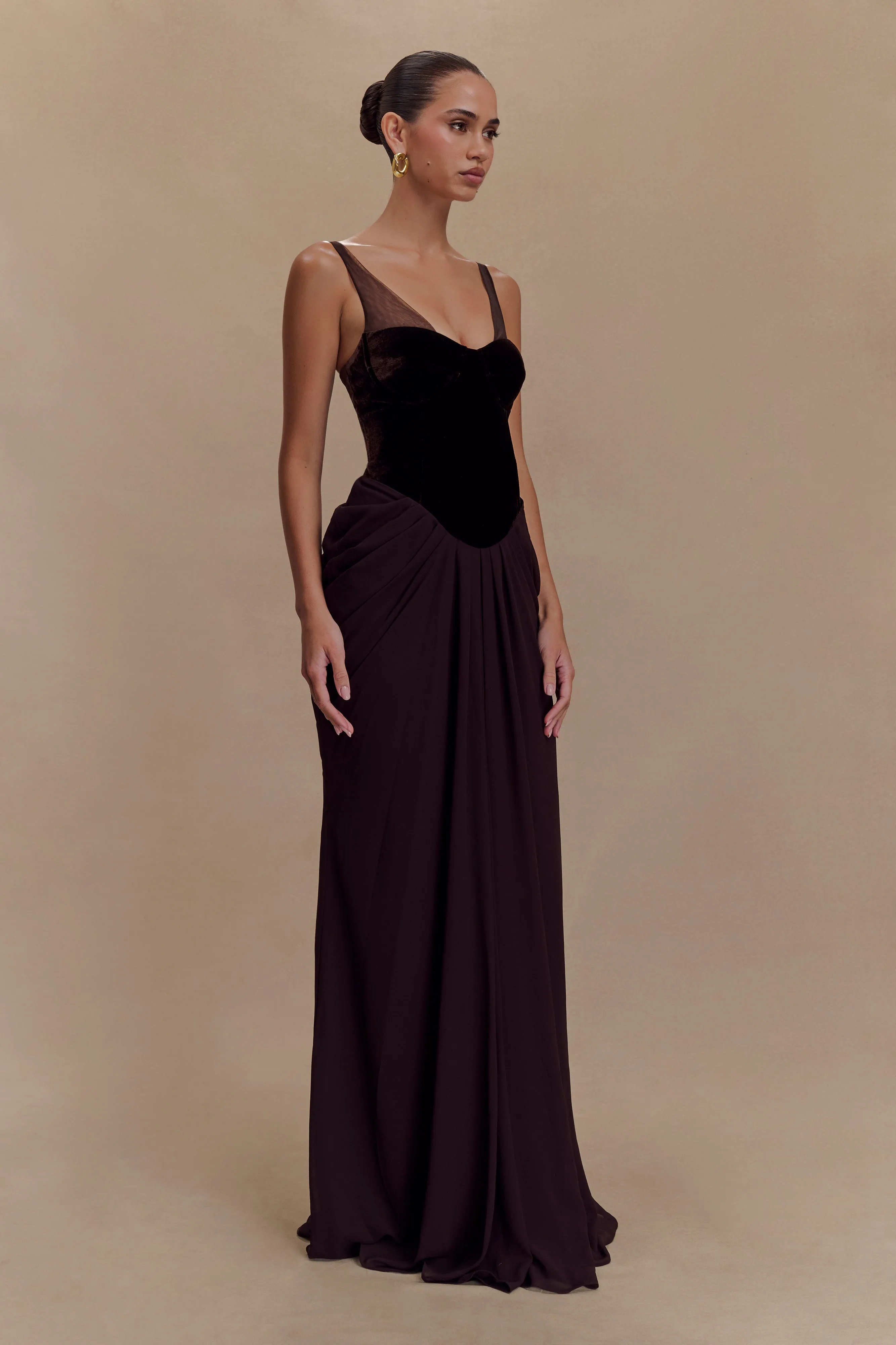 Evening Tone Spring Garden Roxanne Velvet Corset Maxi Dress - Cacao Brown