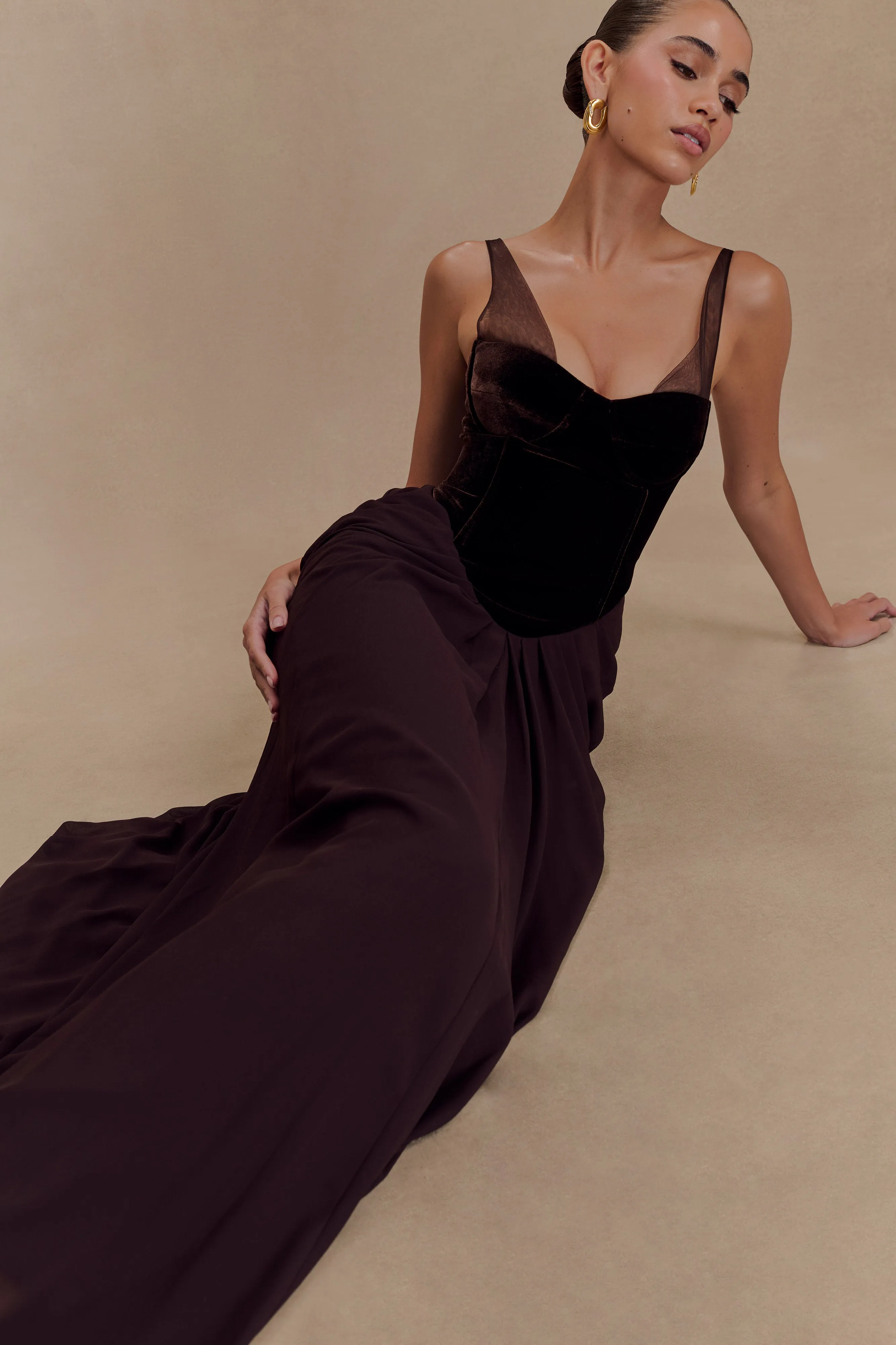 Roxanne Velvet Corset Maxi Dress - Cacao Brown Dreamy Texture Anytime Fit