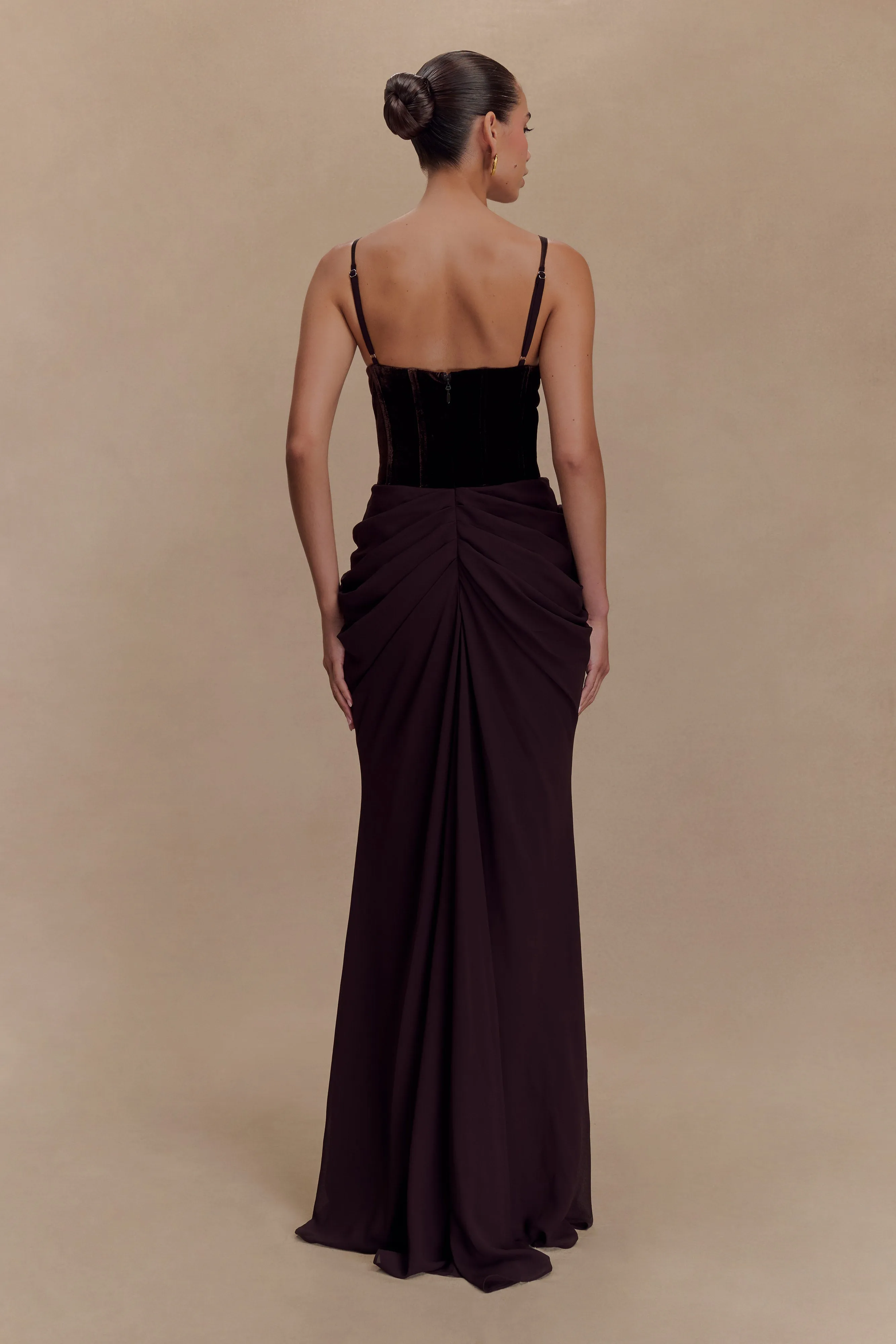 Roxanne Velvet Corset Maxi Dress - Cacao Brown Fashionable Comfort Wear Silky Movement