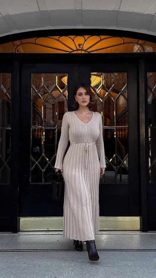 Flowing Design Cyra Long Sleeve Maxi Dress - Beige