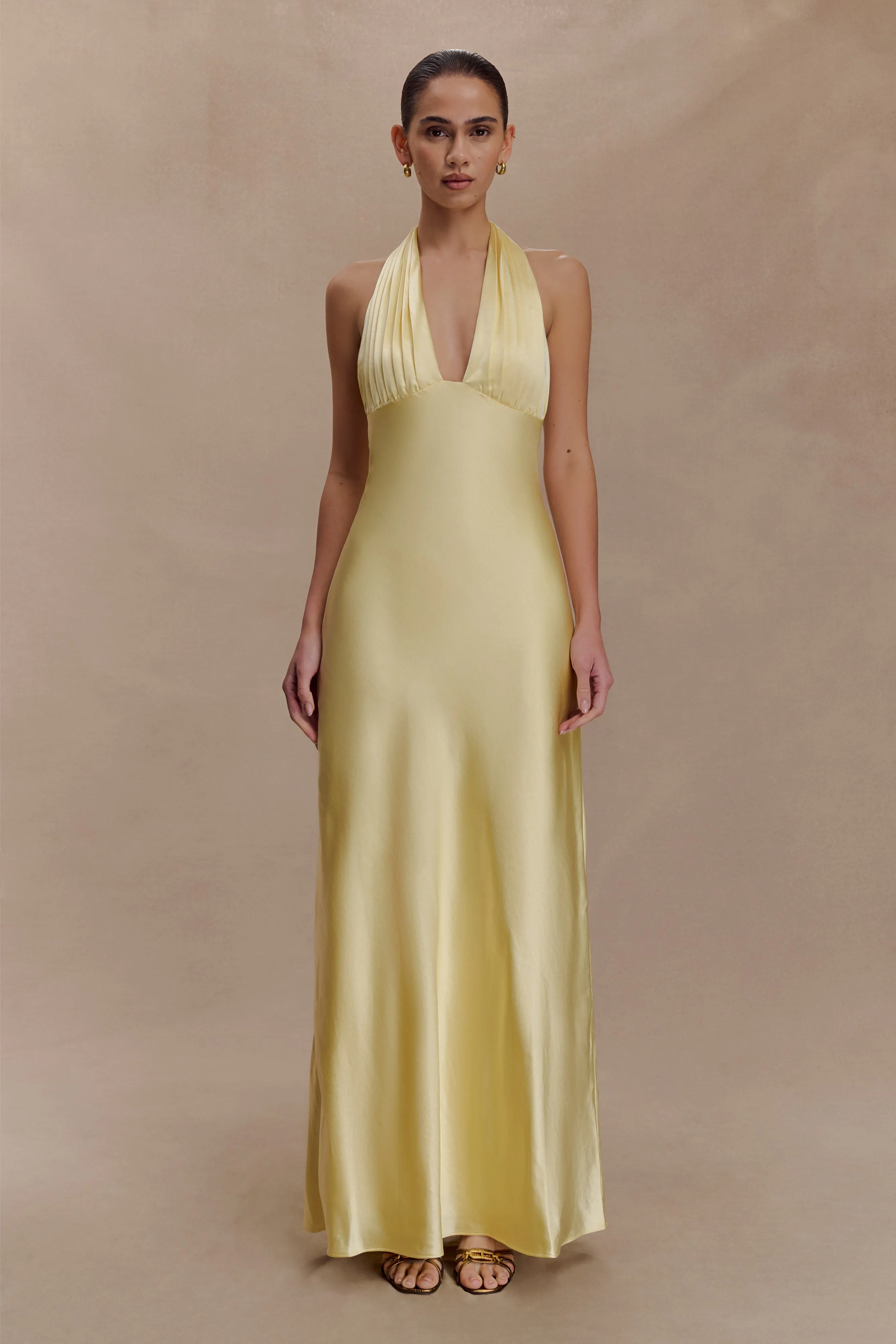 Sleek and Simple Daily Movement Alice Satin Halter Maxi Dress - Lemon