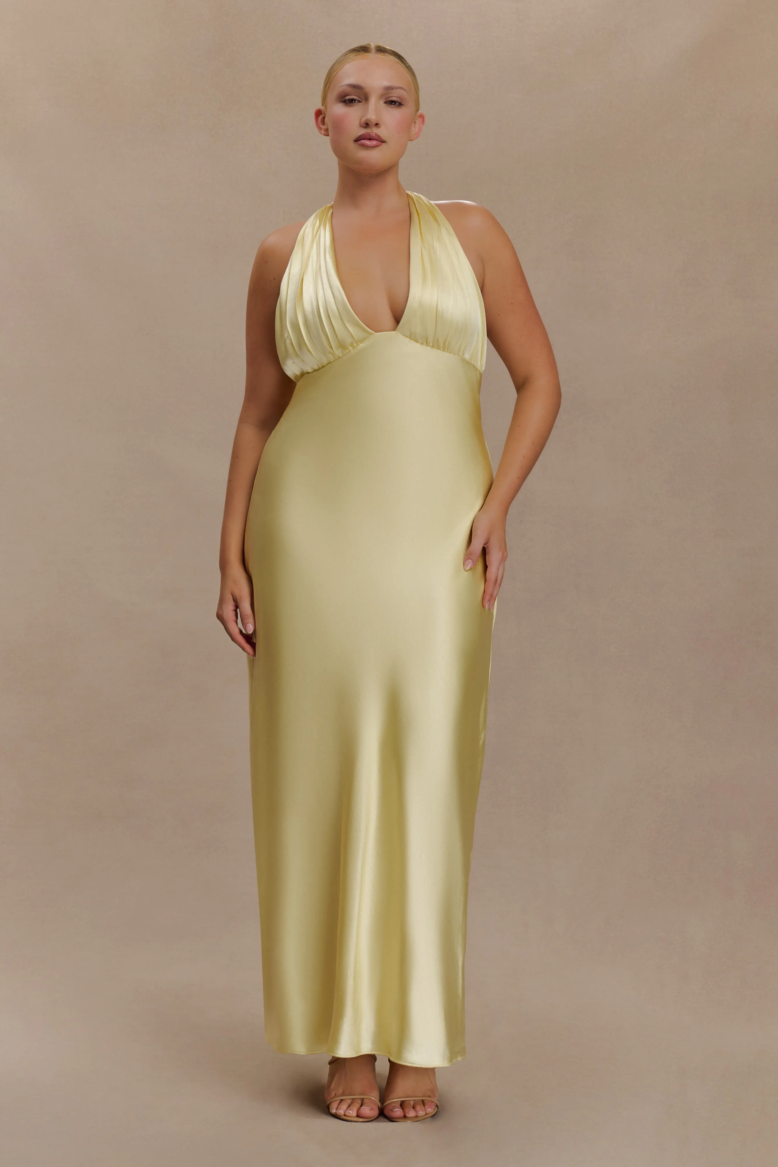 Flattering Look Fit Alice Satin Halter Maxi Dress - Lemon