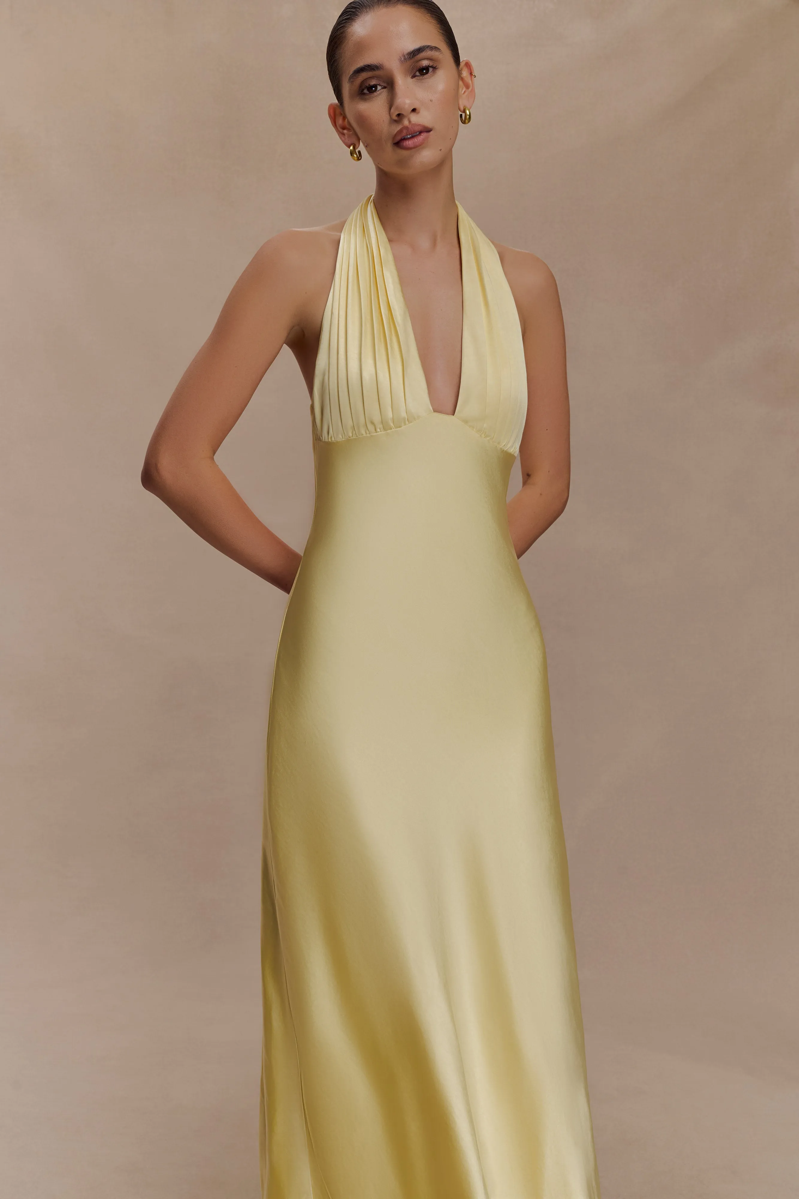 Alice Satin Halter Maxi Dress - Lemon Pure Shape