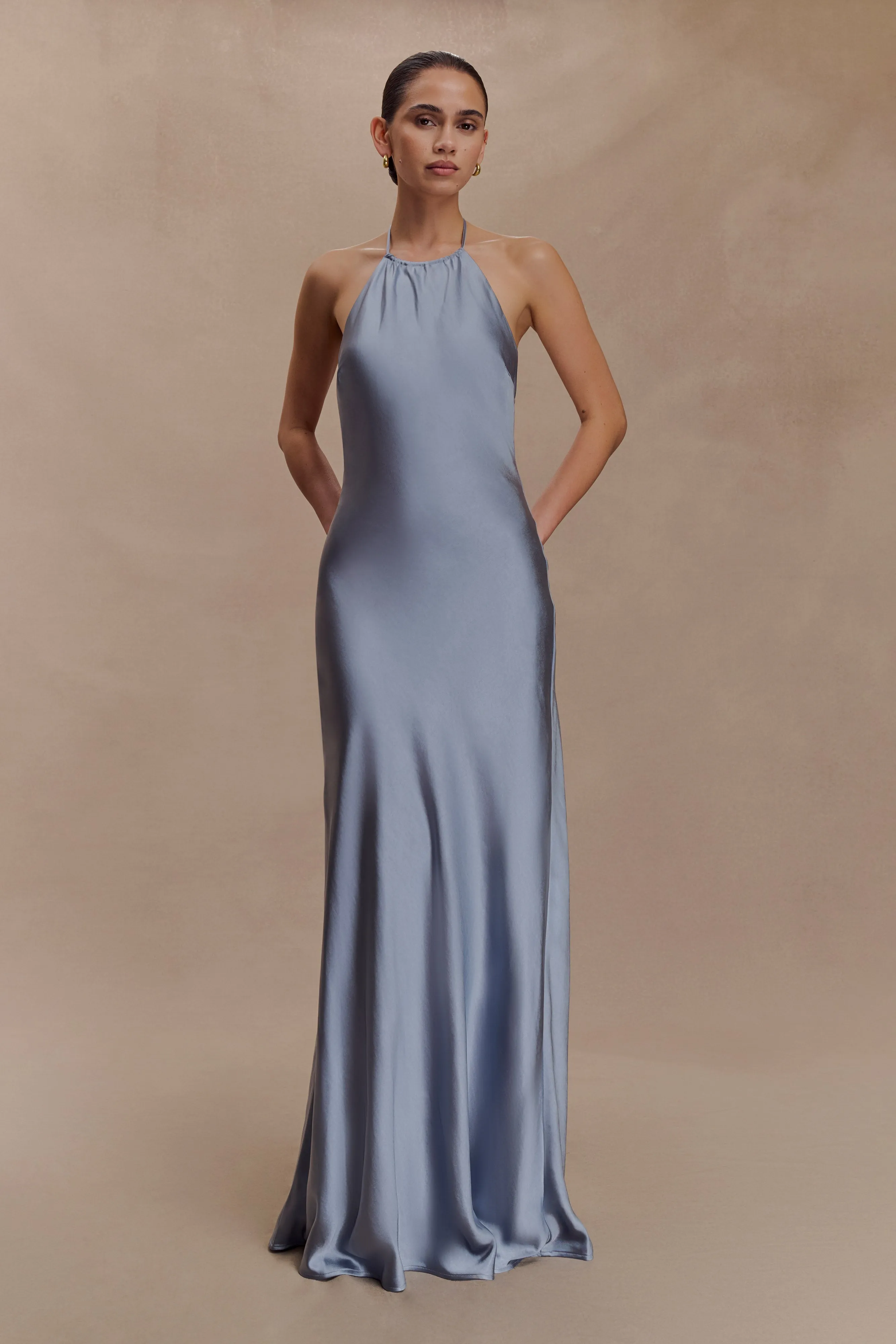 Bella Satin Halter Maxi Dress - Frosted Blue summer look