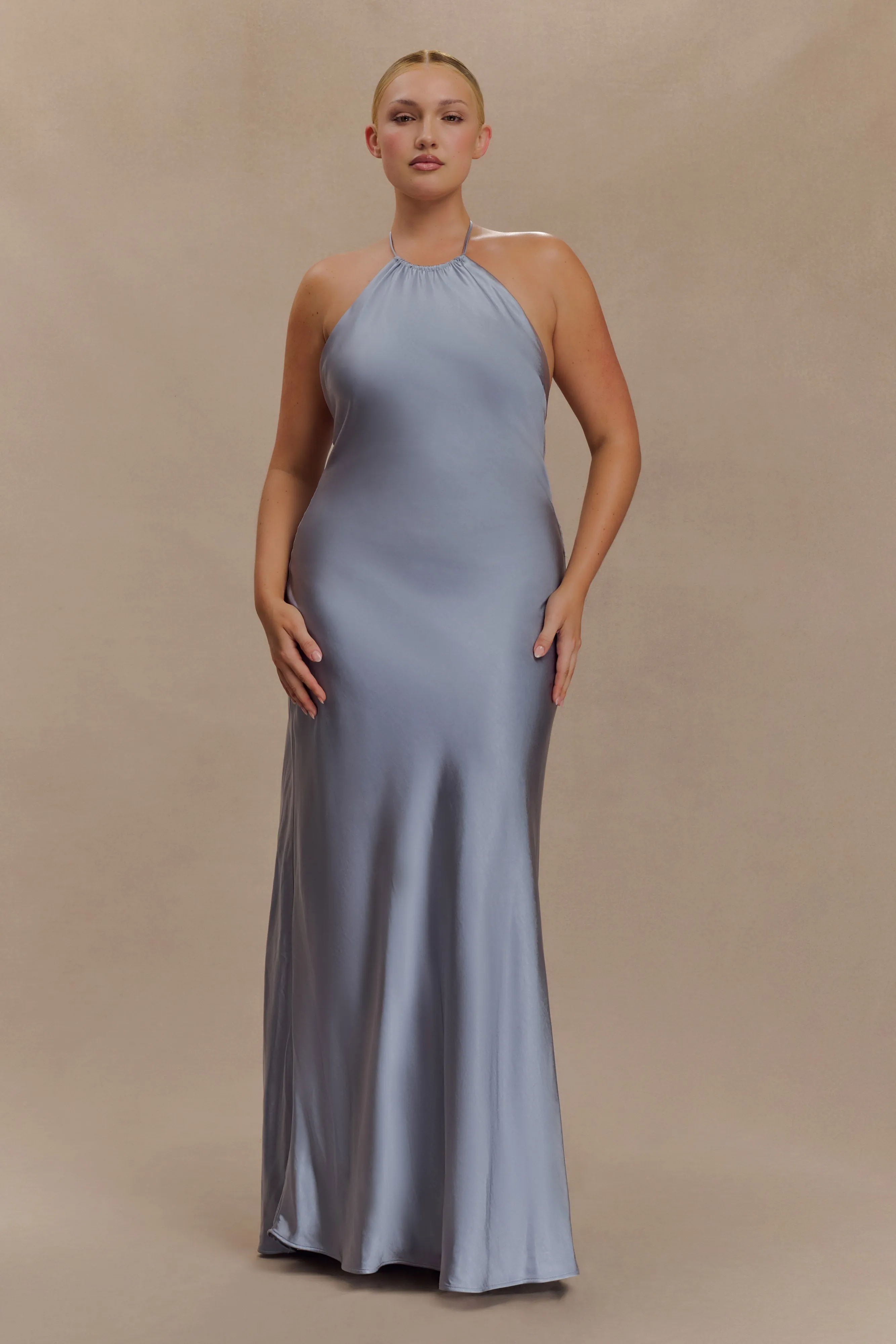 Slimming Shape Bella Satin Halter Maxi Dress - Frosted Blue