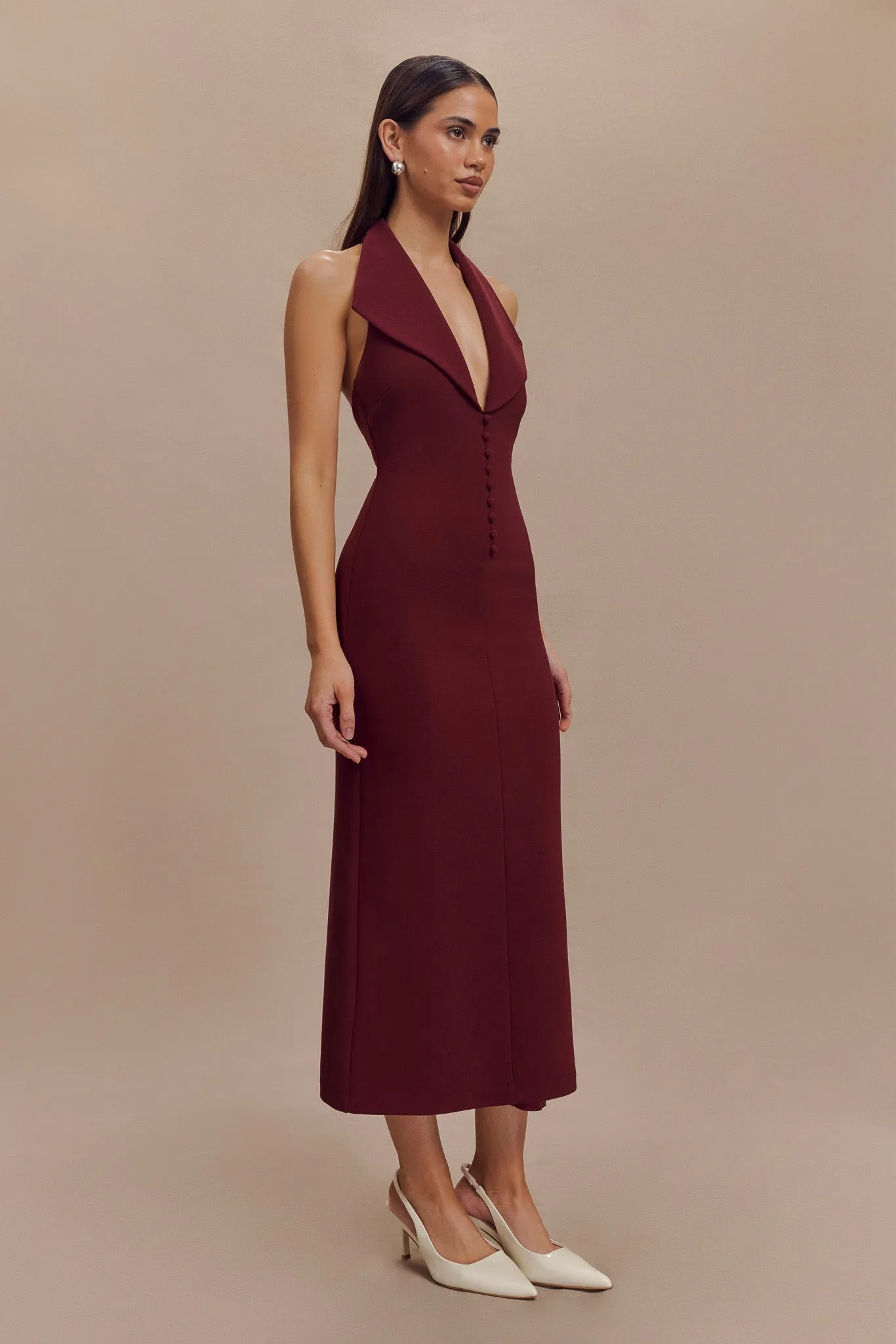 Movement Ready High Waist Annita Crepe Halter Midi Dress - Merlot