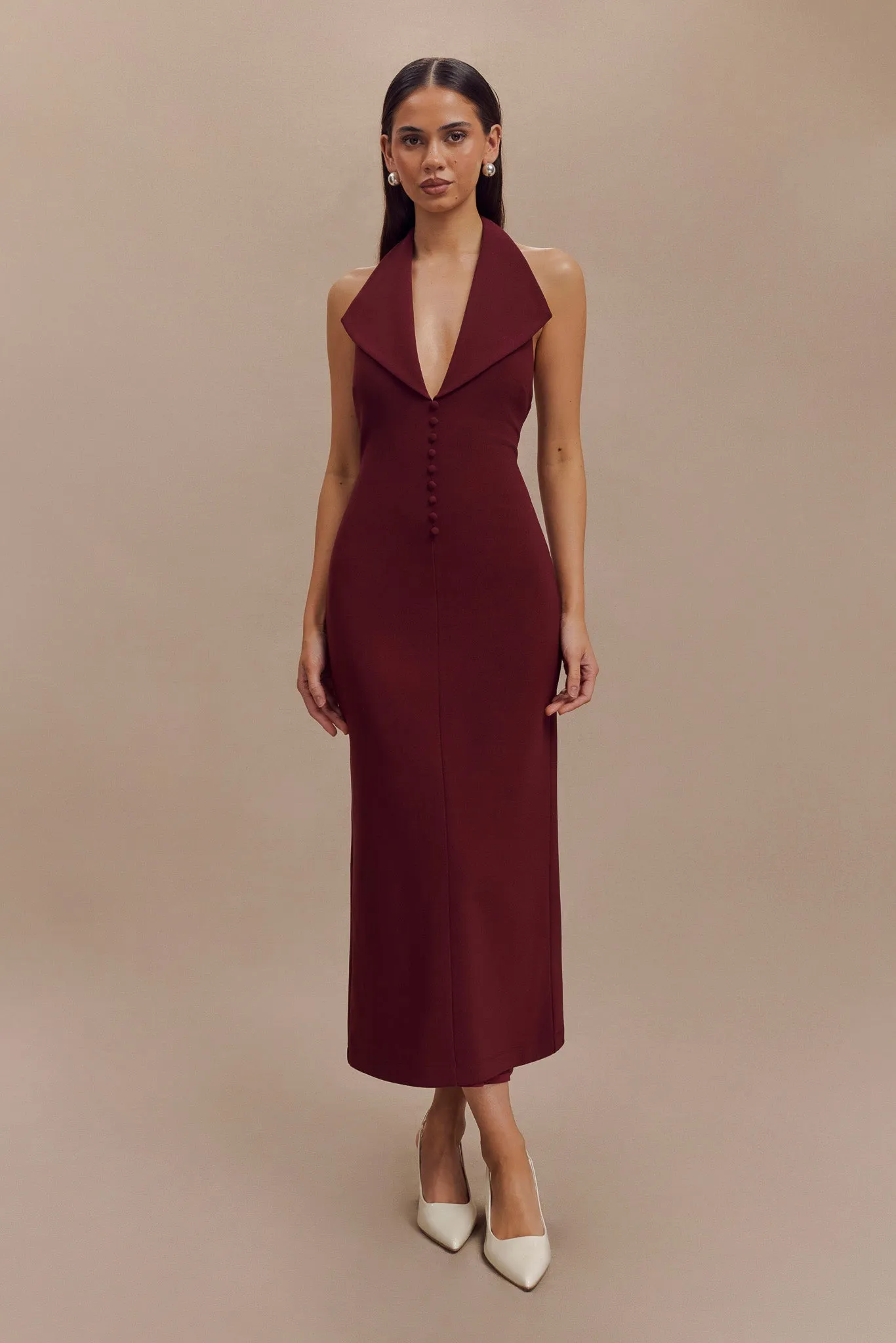 Annita Crepe Halter Midi Dress - Merlot Elegant Fabric Sharp Design