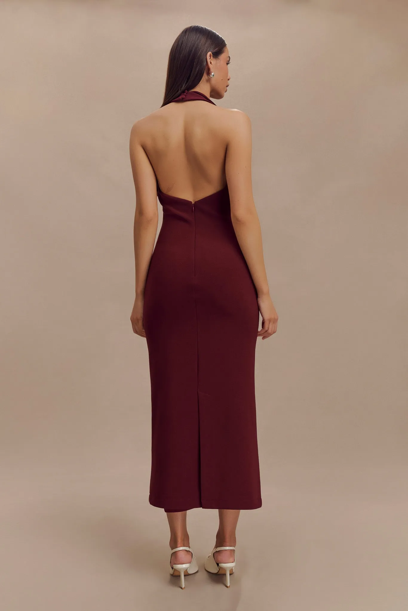 Party Safe Calm Touch Annita Crepe Halter Midi Dress - Merlot