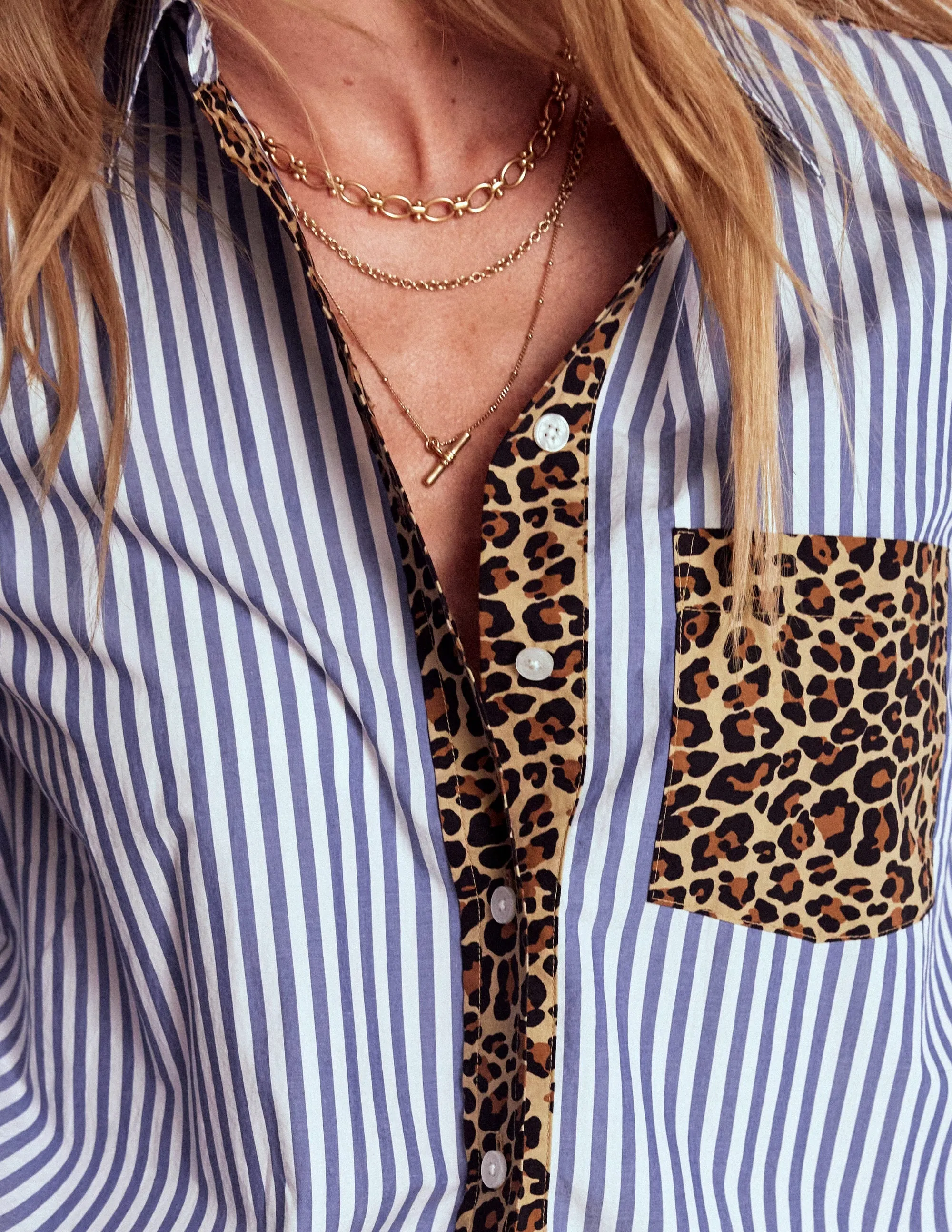 Sadie Relaxed Cotton Shirt-Blue Stripe, Cheetah Pop Hotch Contrast Inner Binding Layer Ready
