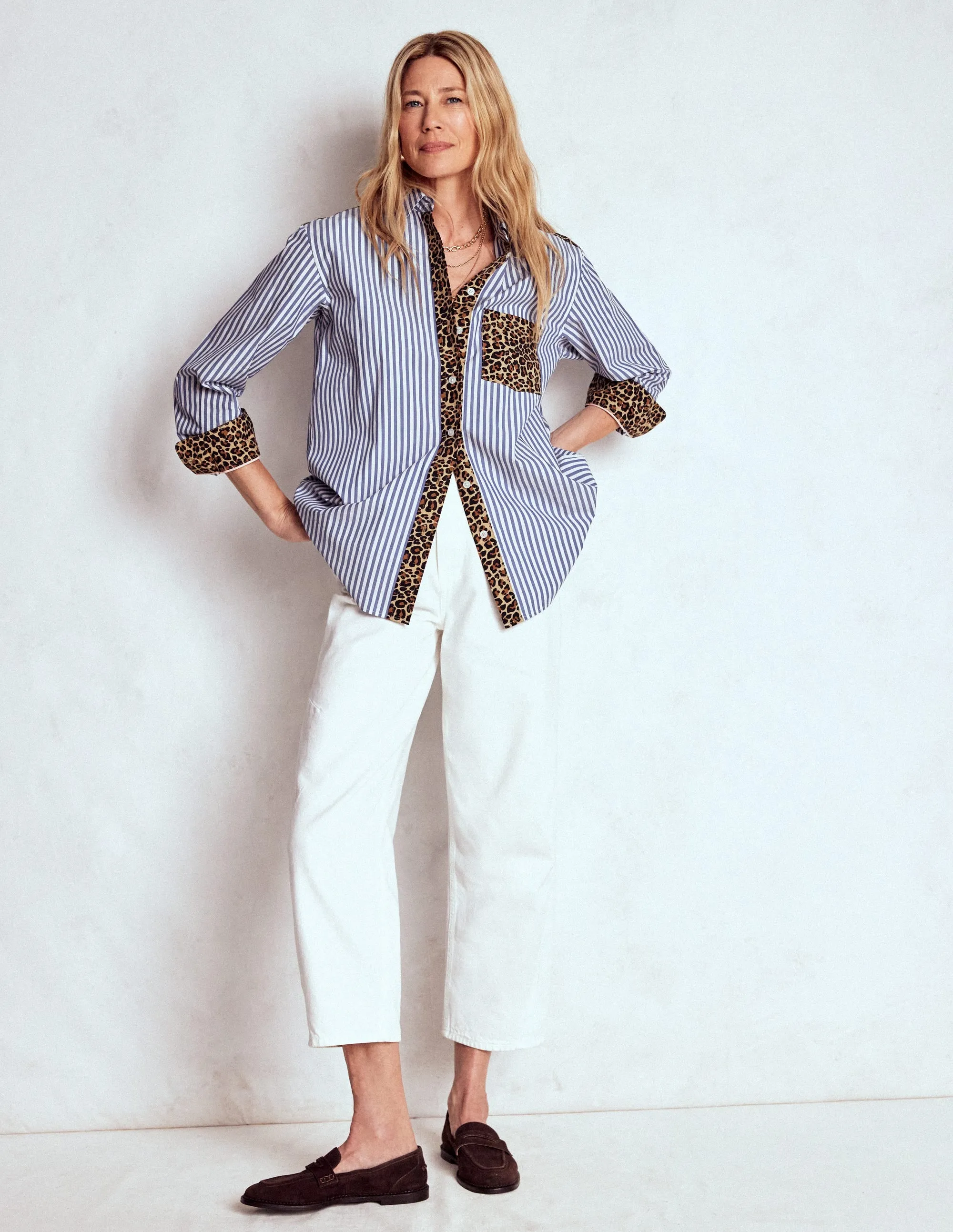 Sadie Relaxed Cotton Shirt-Blue Stripe, Cheetah Pop Hotch Classic Smart Multi Directional Stretch