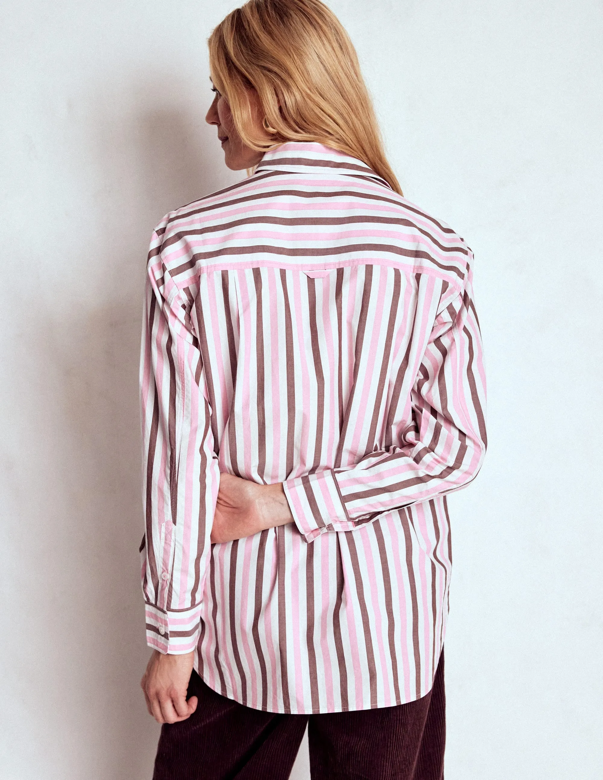 Slim Style Sadie Relaxed Cotton Shirt-Pink and Chestnut Stripe