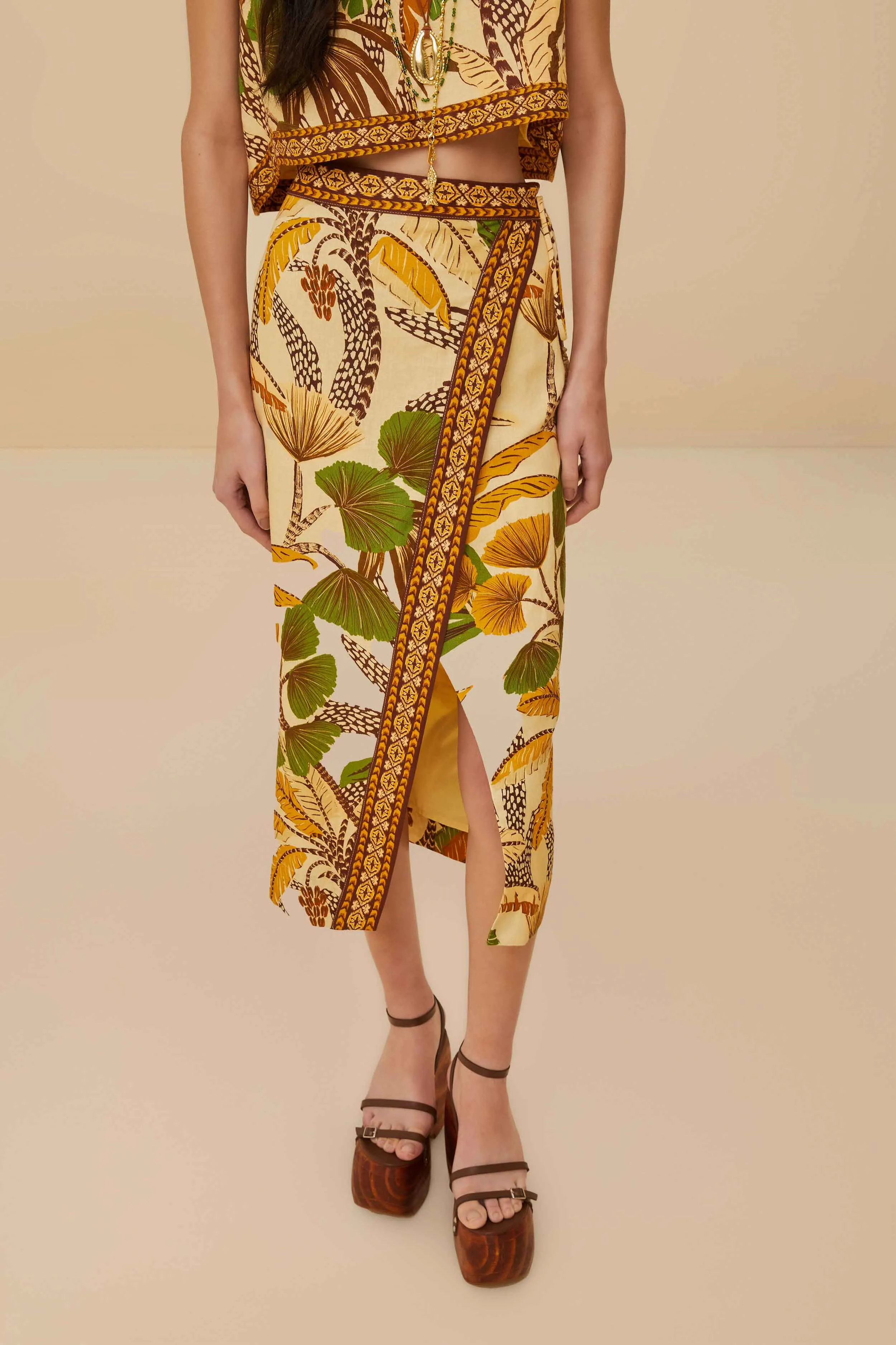 Crisp Fit Sand Foliage Sketch LENZING? ECOVERO? Euroflax? Midi Skirt