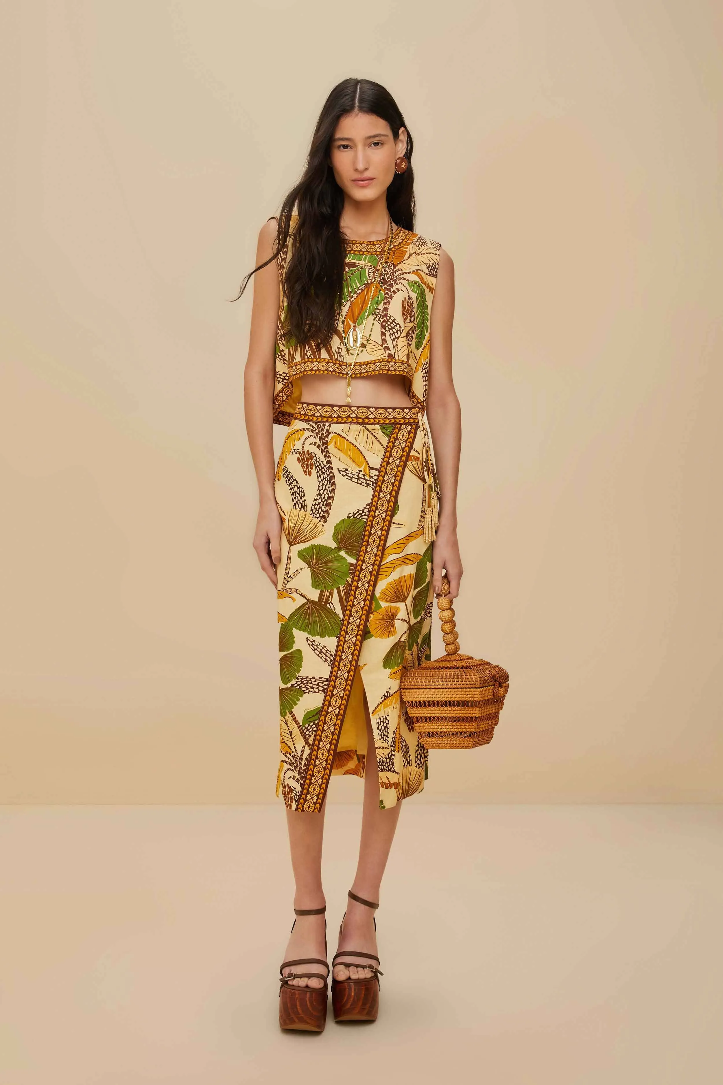 Wrap Front Fashion Style Sand Foliage Sketch LENZING? ECOVERO? Euroflax? Midi Skirt