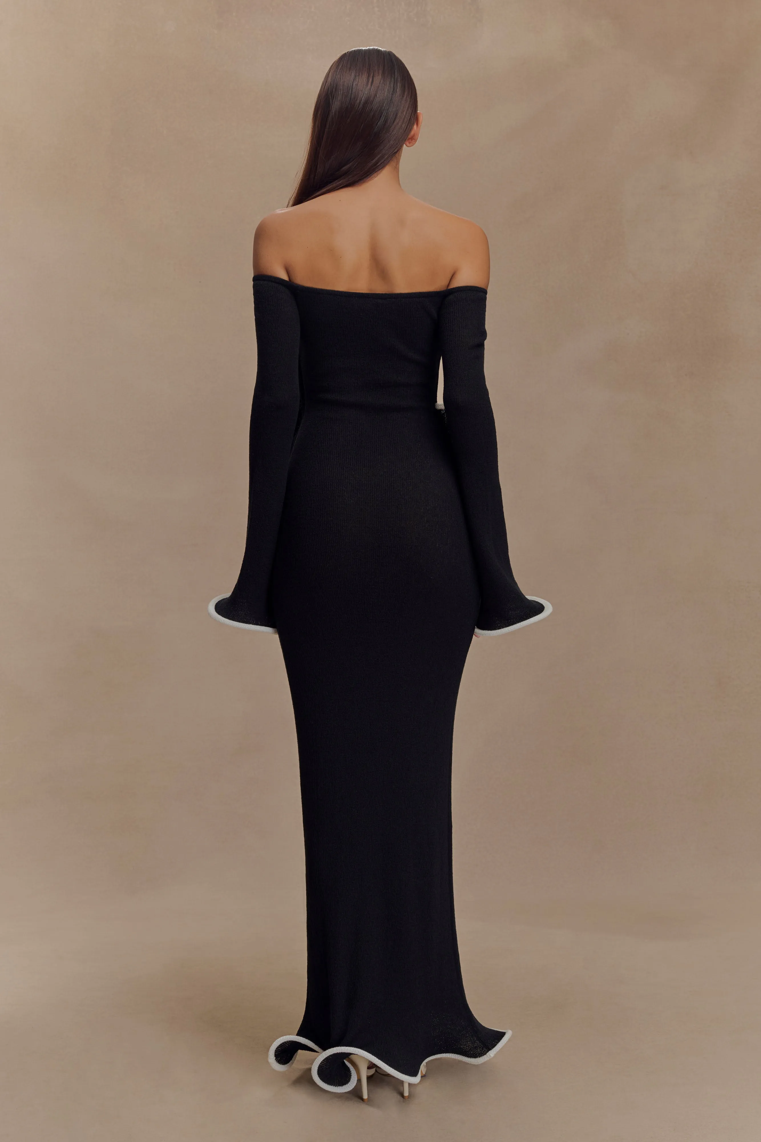 Sandrine Off Shoulder Knit Maxi Dress - Black/White Pleated-Skirt Art-Gallery