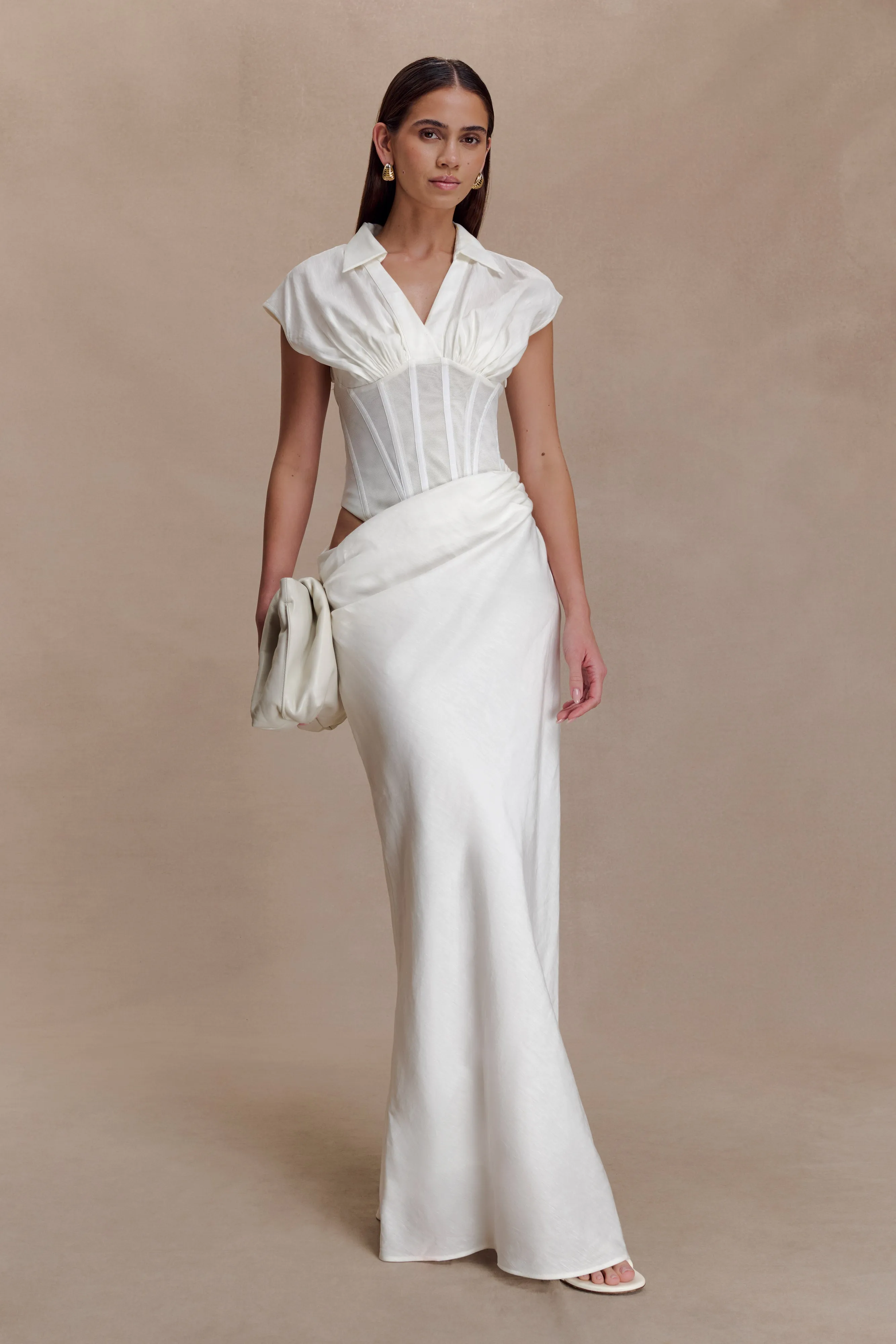 Saphira Shirt Corset Maxi Dress - White Festive Wear