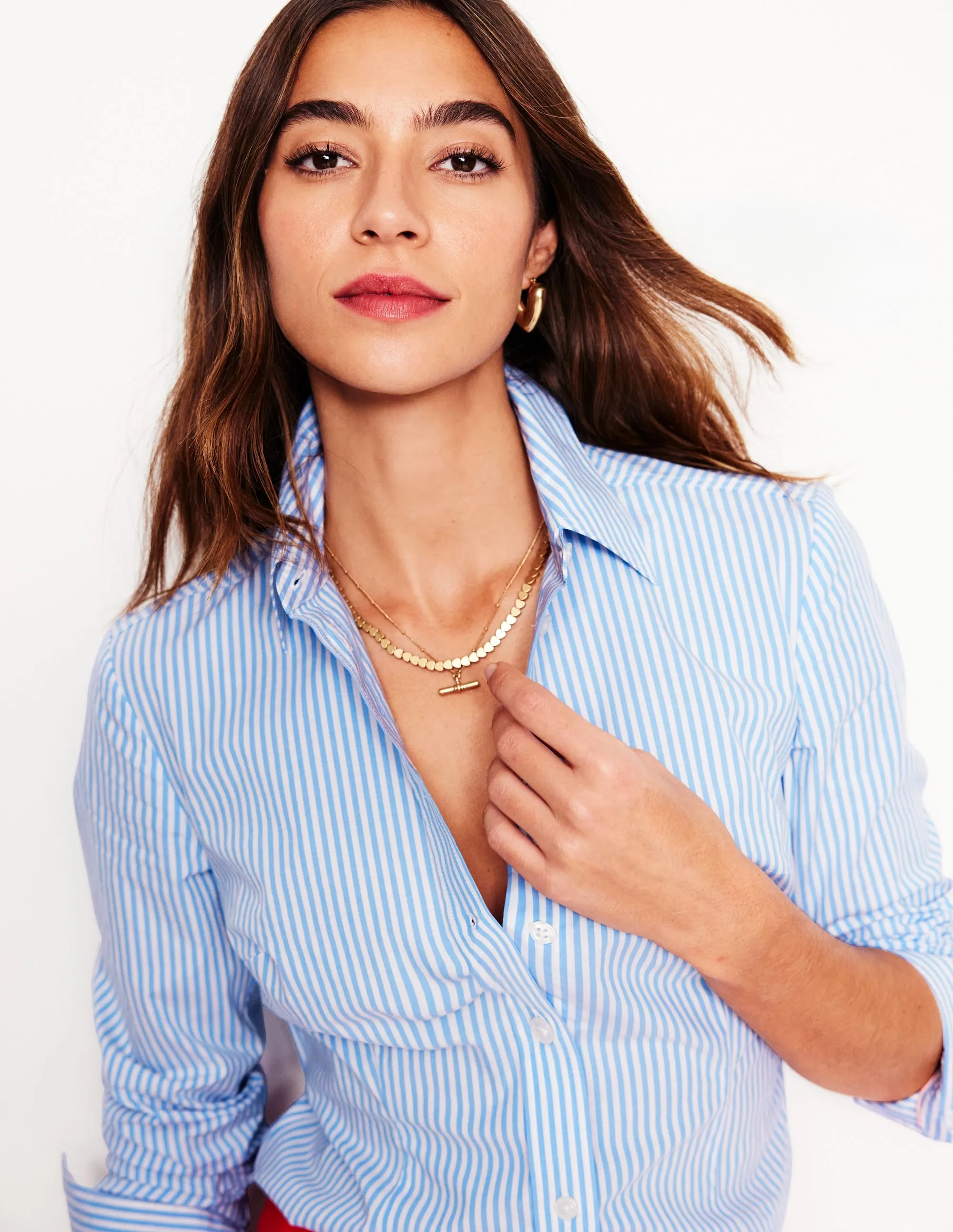 Saskia Stretch Cotton Shirt-Forget Me Not, Ivory Stripe Antibacterial Treatment Chic Design