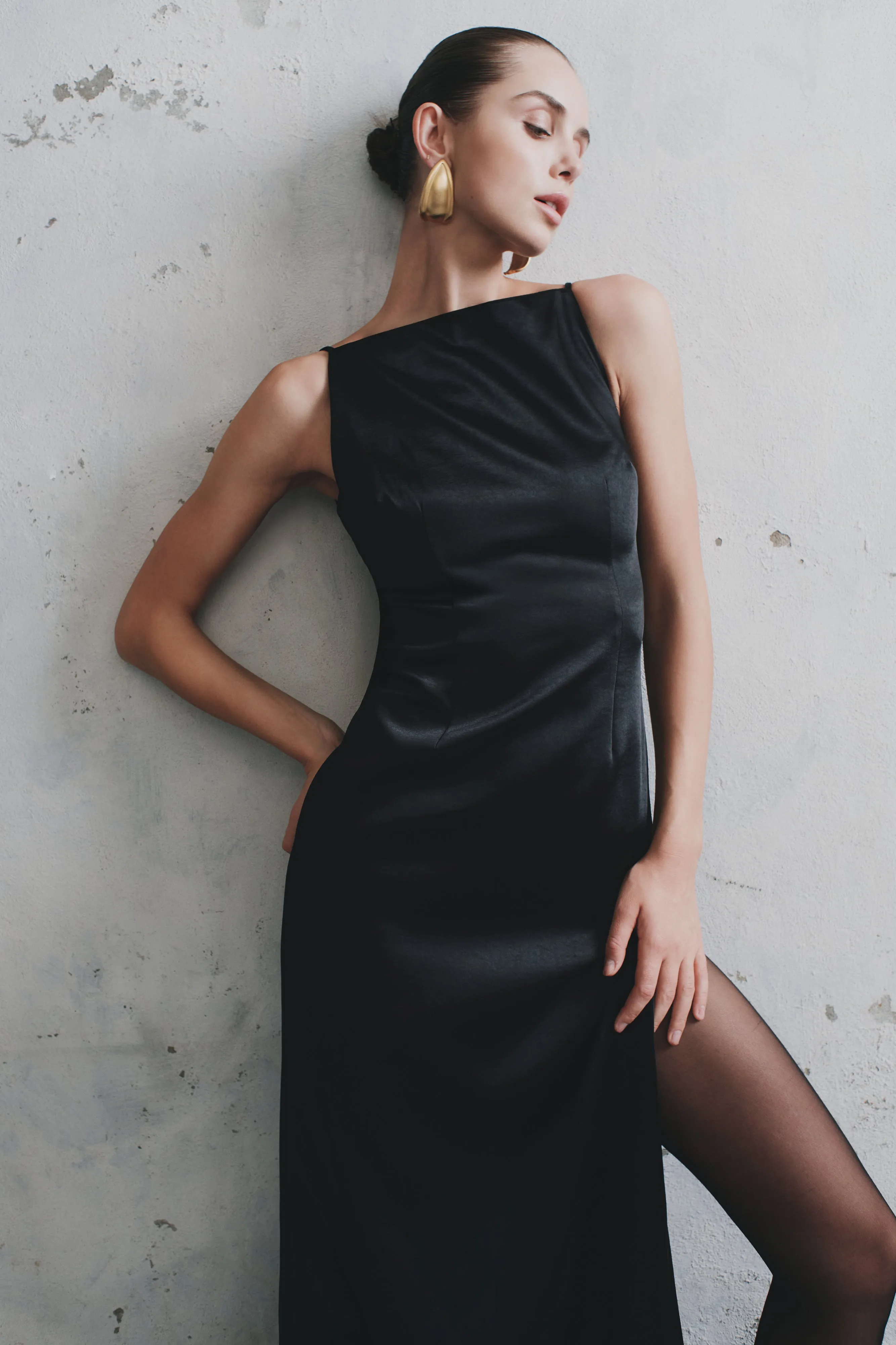 Casual Comfort Essential Layer Violet Sleeveless Satin Maxi Dress - Black