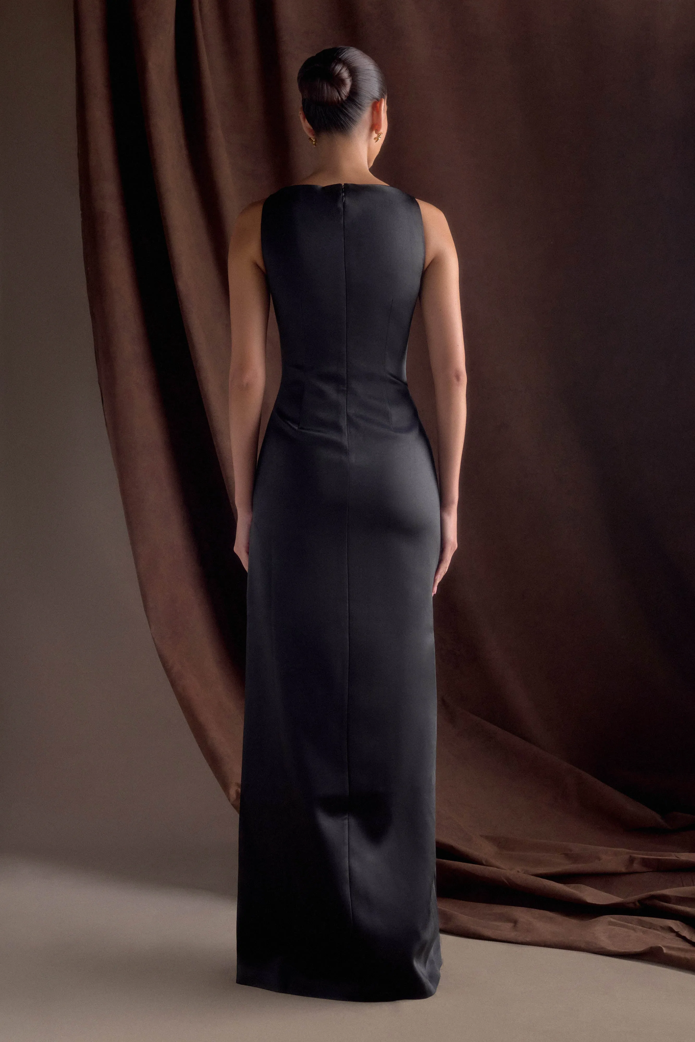 Violet Sleeveless Satin Maxi Dress - Black Vibrant Form Perfect Day-to-Night