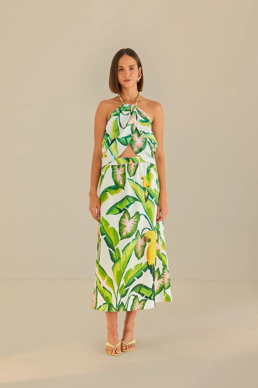 Warm Coat Street Edge Off-White Summer Foliage Croped Top