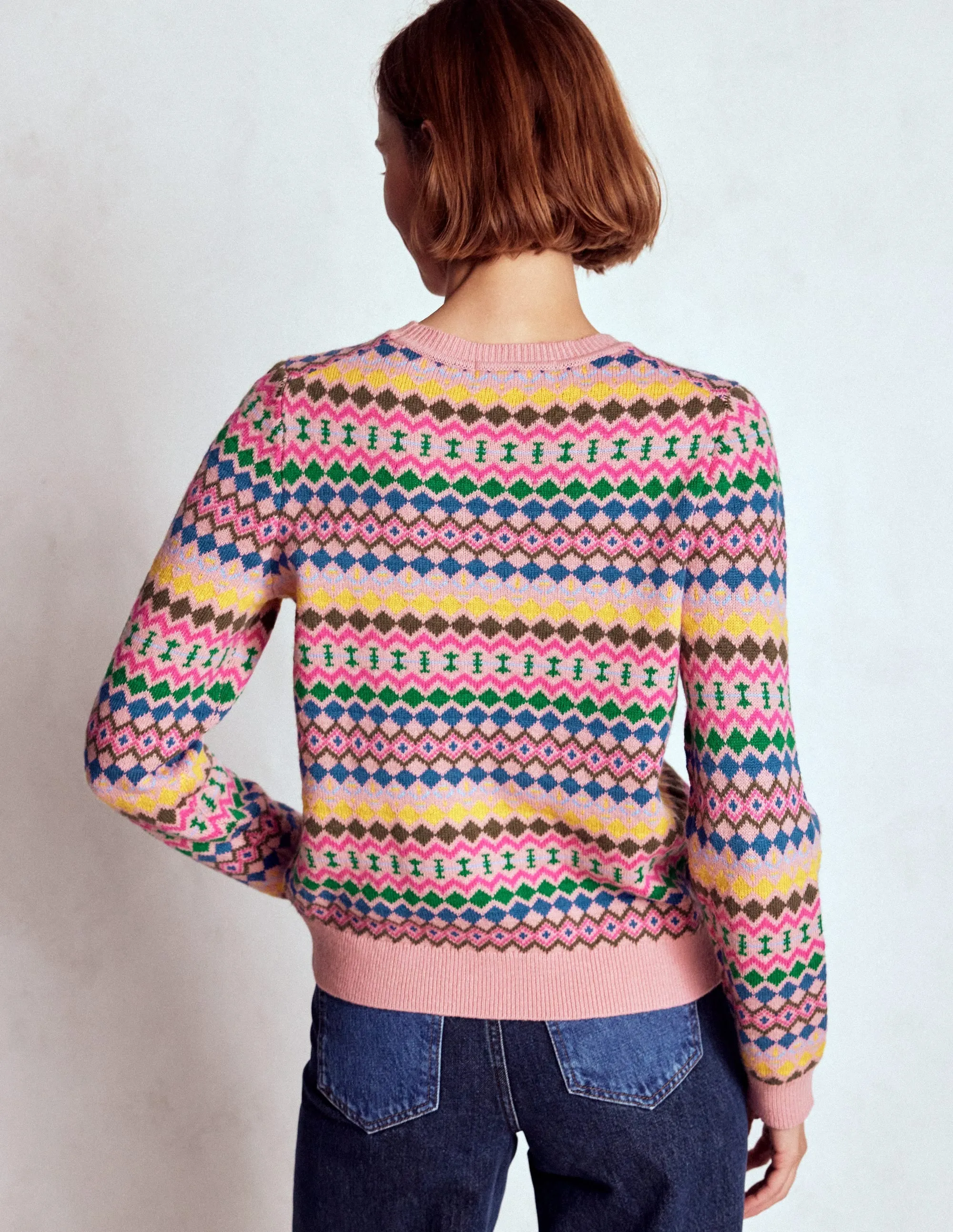 Ventilated Mesh Panel simple design Edie Fair Isle Jumper-Pink, Geo Fair Isle