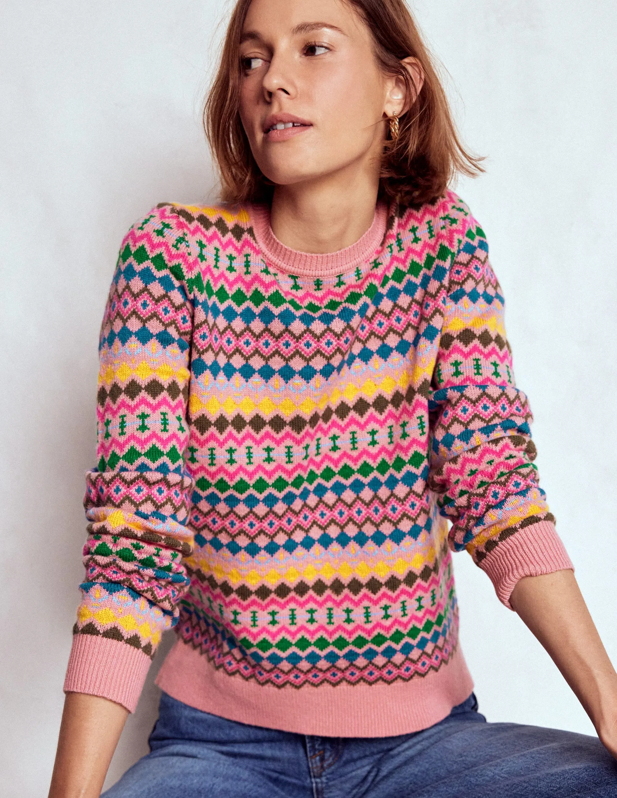 Edie Fair Isle Jumper-Pink, Geo Fair Isle Brushed Inner