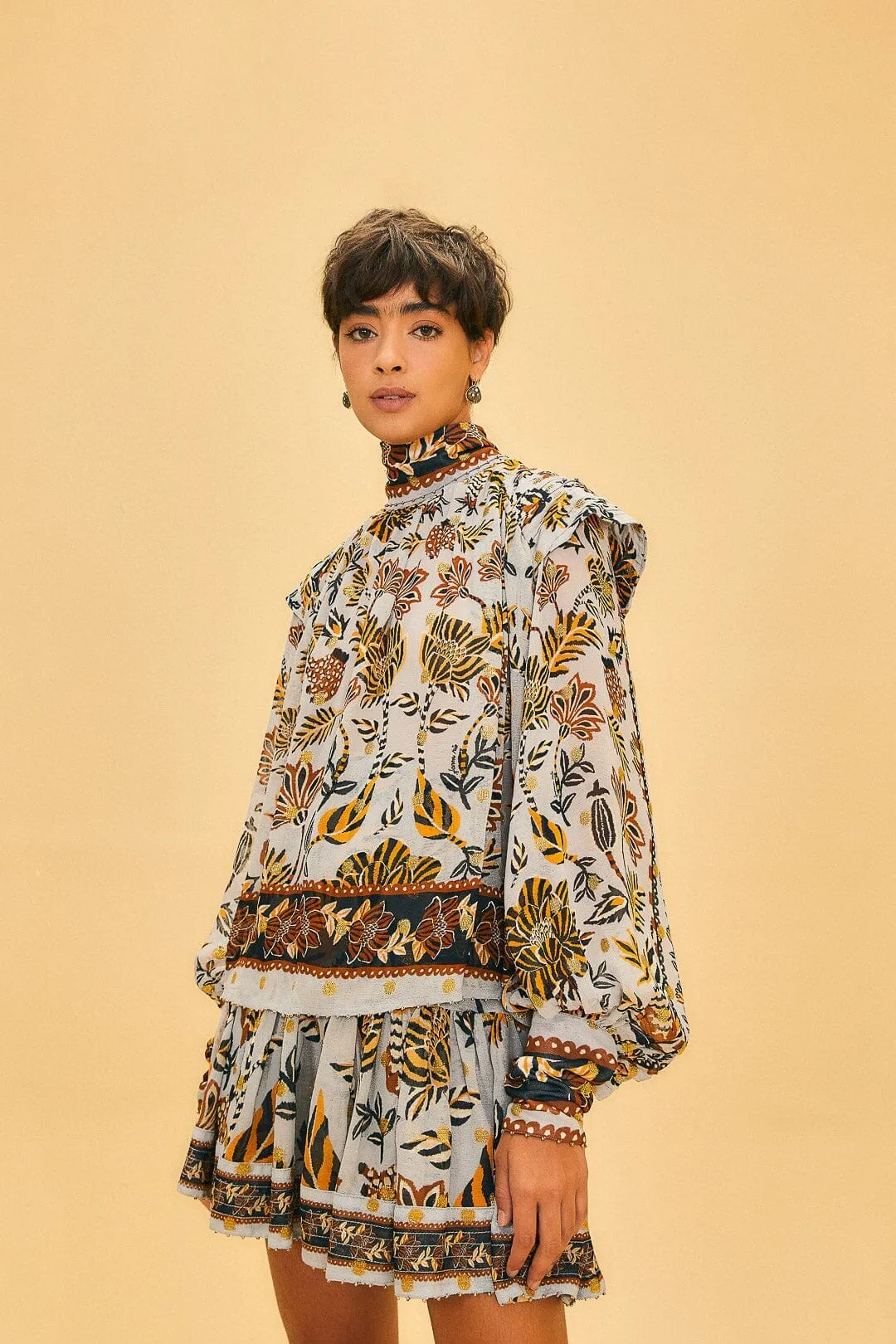 Silver Floral Tapestry Mini Skirt Laser Cut Edges