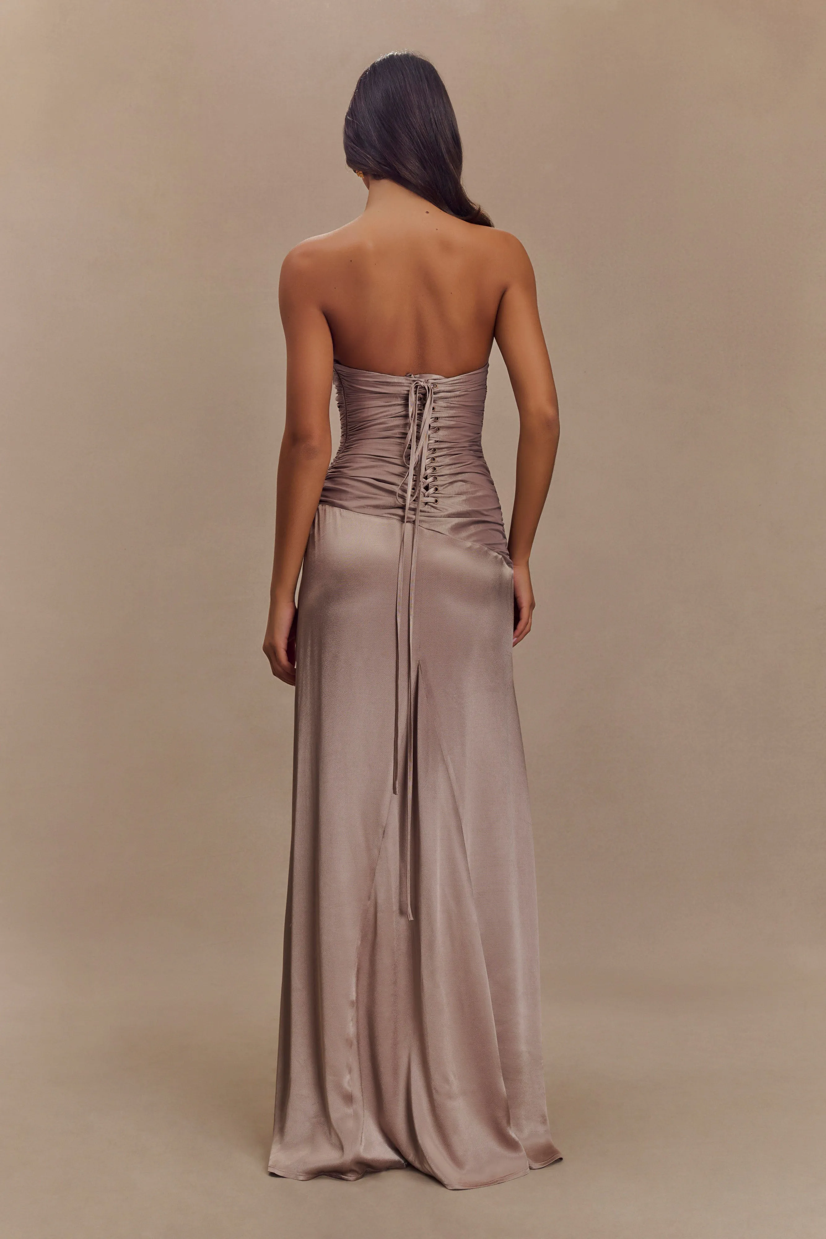 Radiant Mood Serena Strapless Taffeta Maxi Dress - Bronze Taupe