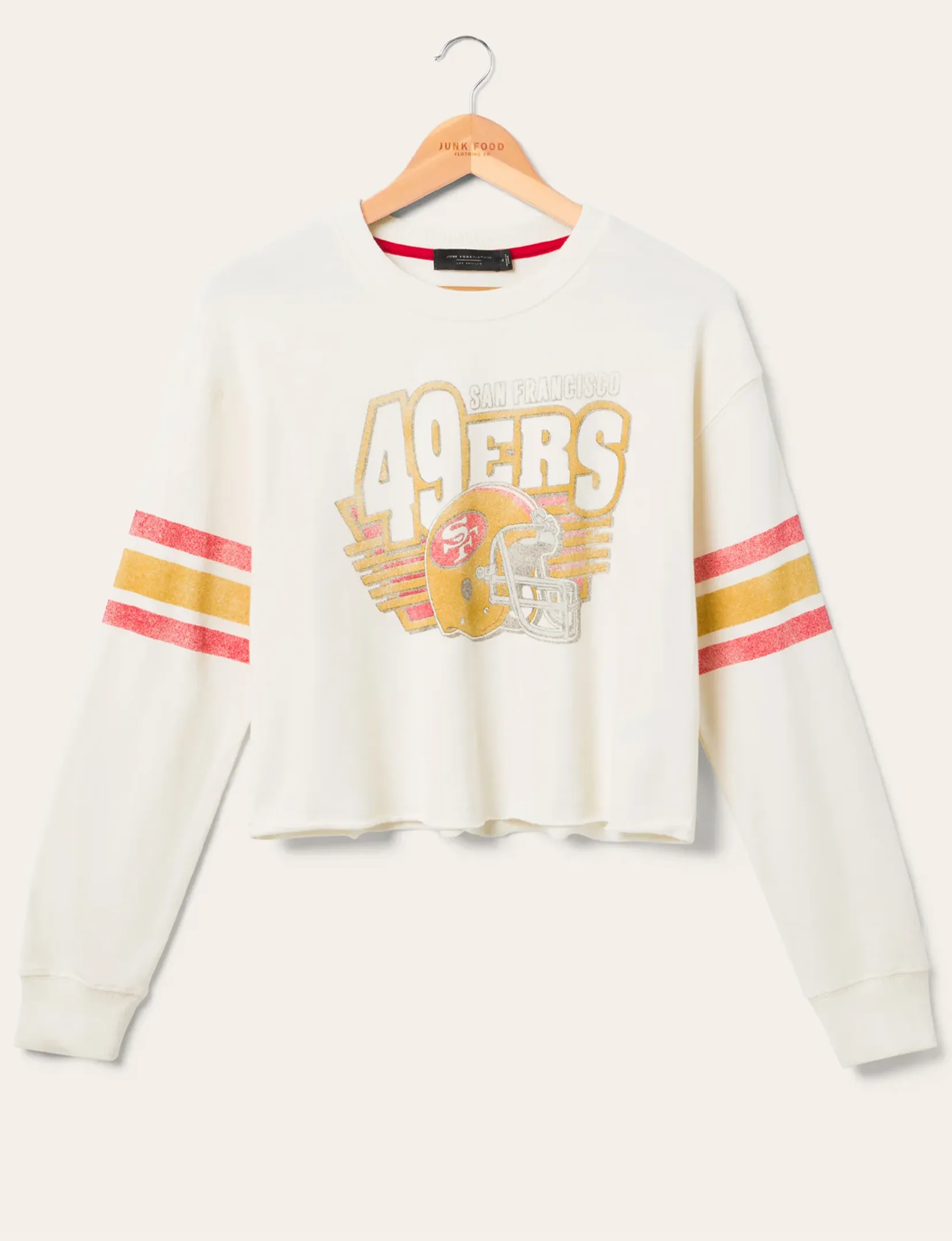 SF 49ers Kickoff Crop Fleece, Vintage White tropical print label accents