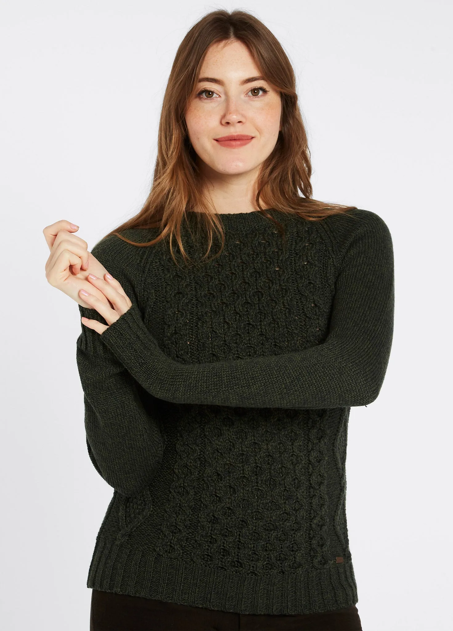 Shanley Women's Irish Knit Merino Aran Sweater - Olive Layer Option ShapeRetention Fabric