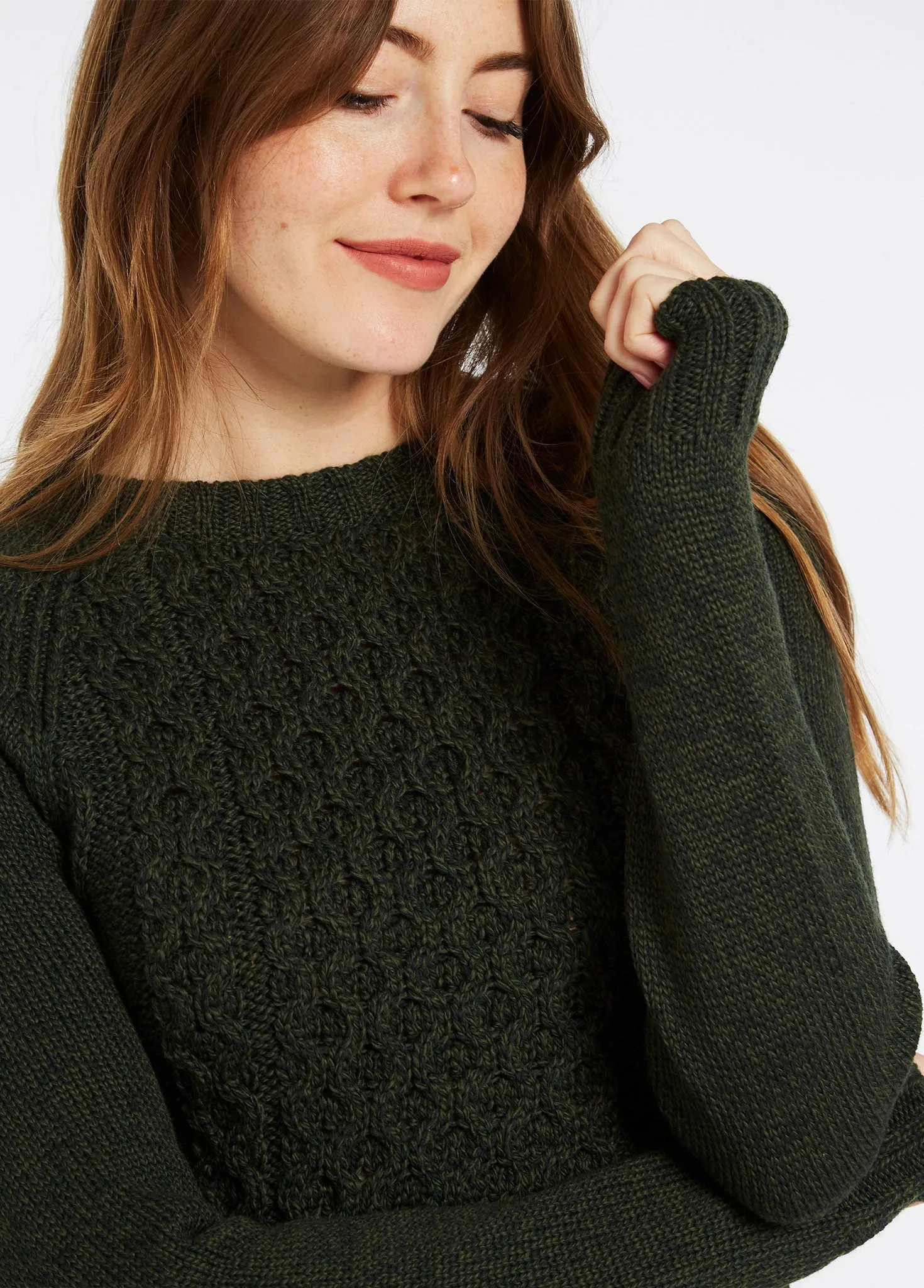 Thermoregulating Fabric Shanley Women's Irish Knit Merino Aran Sweater - Olive