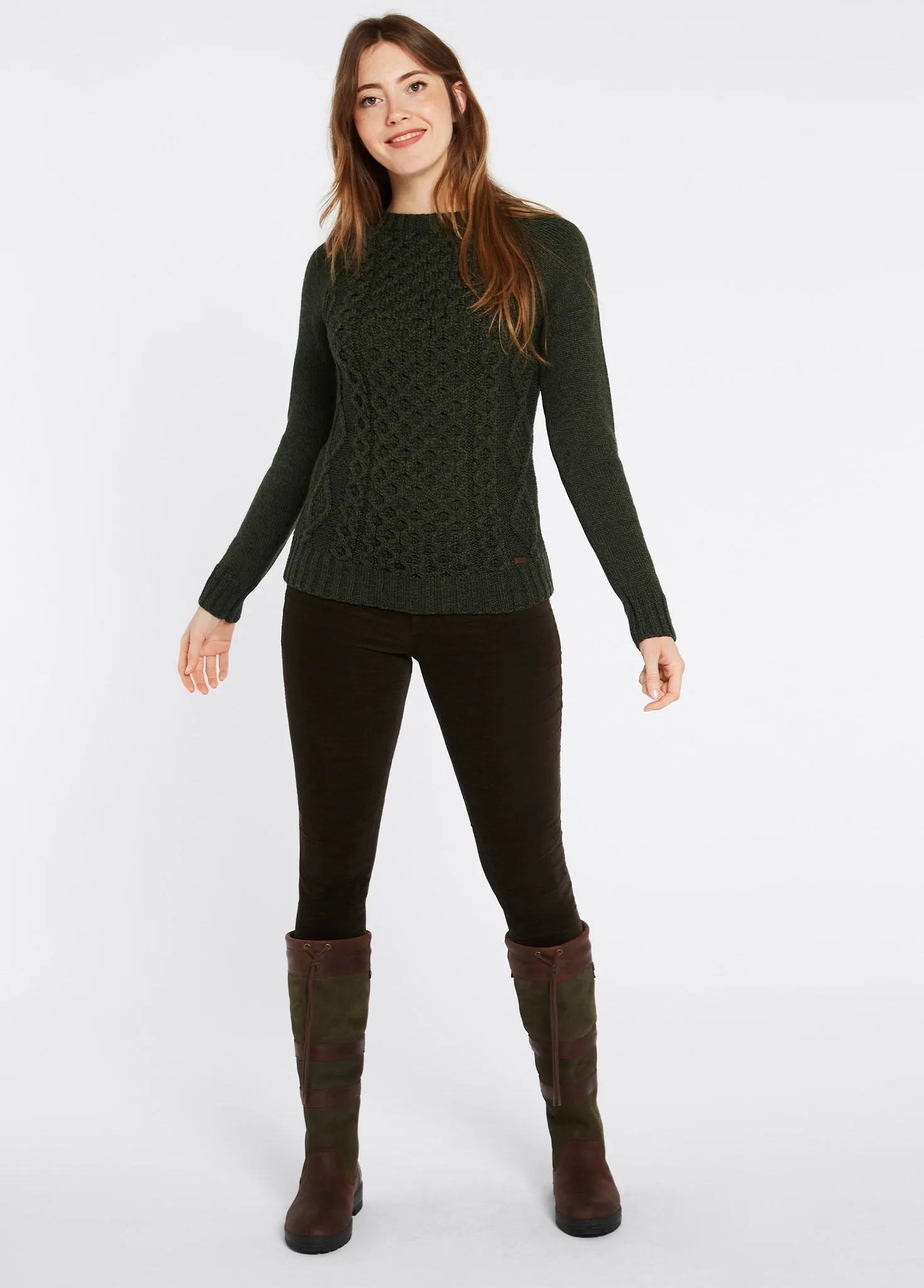 Shanley Women's Irish Knit Merino Aran Sweater - Olive Daily Ready