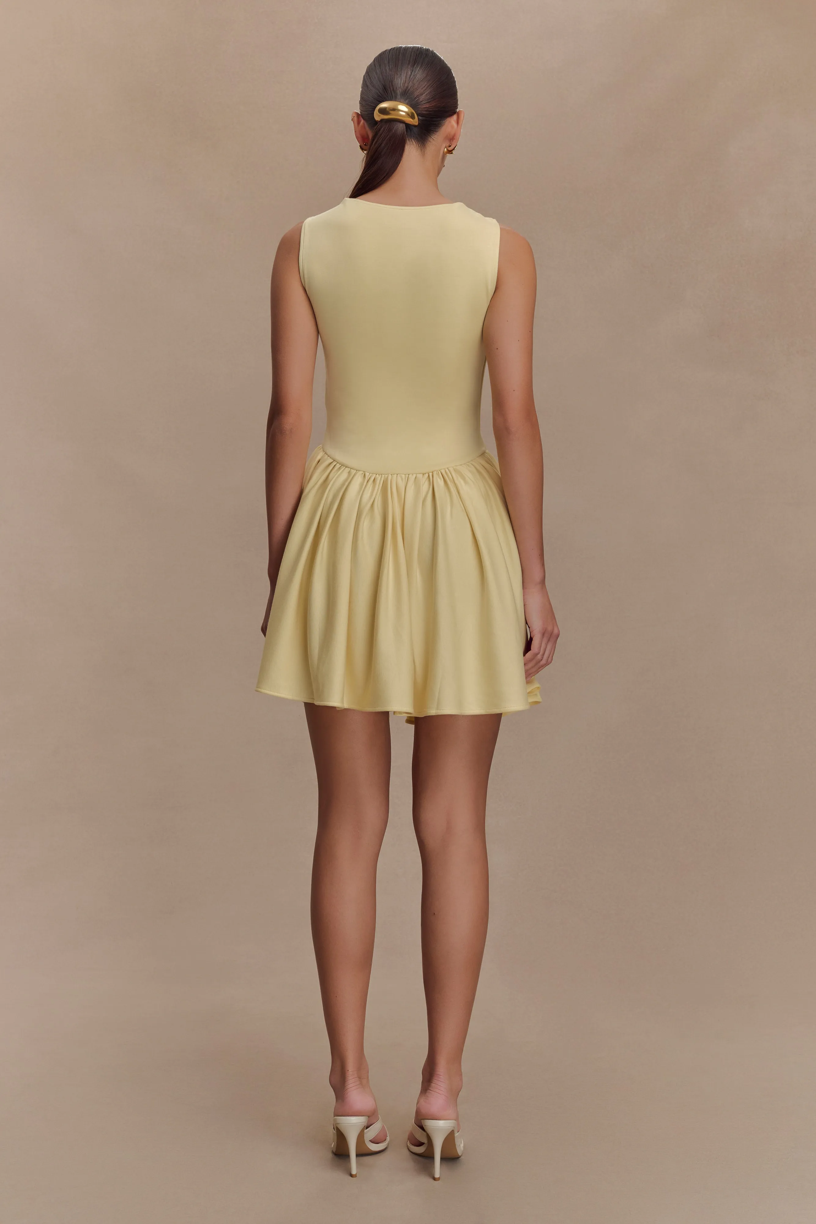 Sharon Scuba Jersey Mini Dress - Pastel Lemon Elegant Look Easy Wrap
