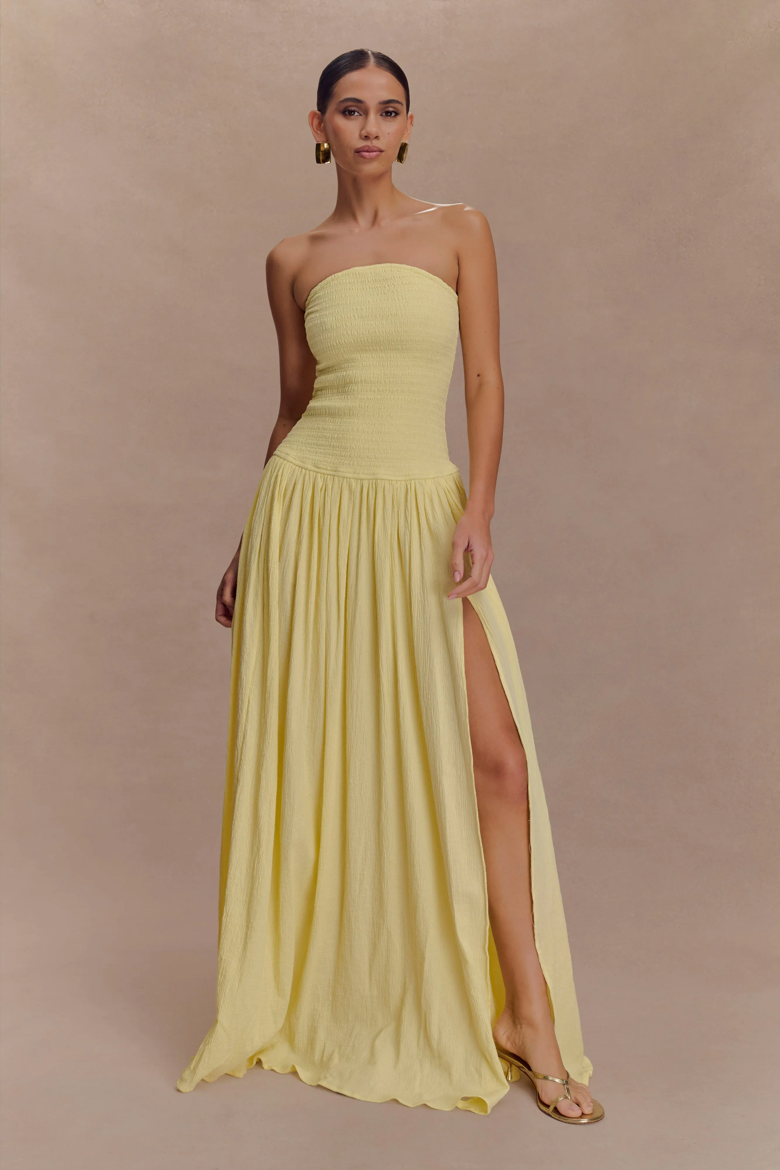 Maureen Cotton Shirring Maxi Dress - Lemon Seasonal Must-Have Side Slit