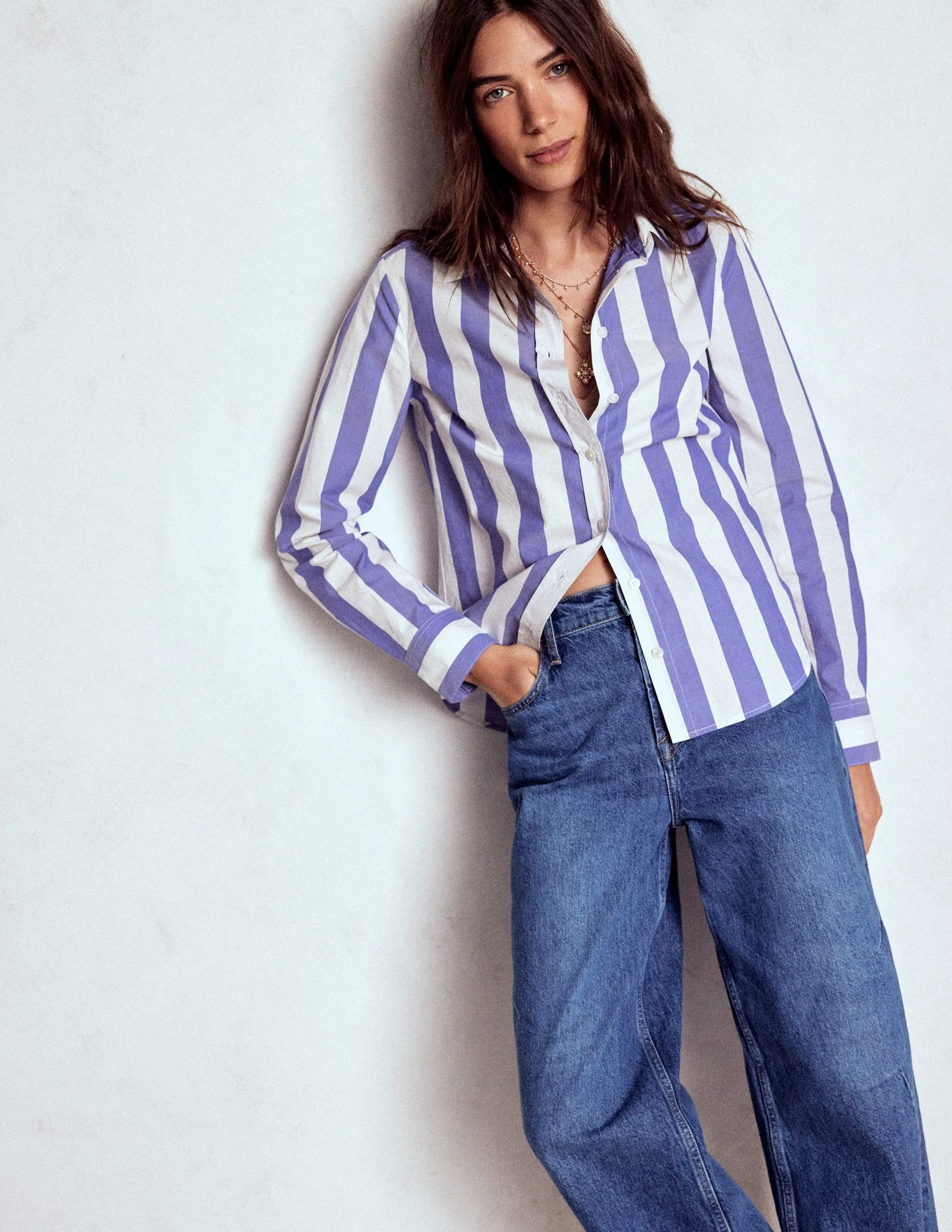 Sienna Cotton Shirt-Bright Blue and Ivory Stripe Double Stitched Seams Comfortable Touch