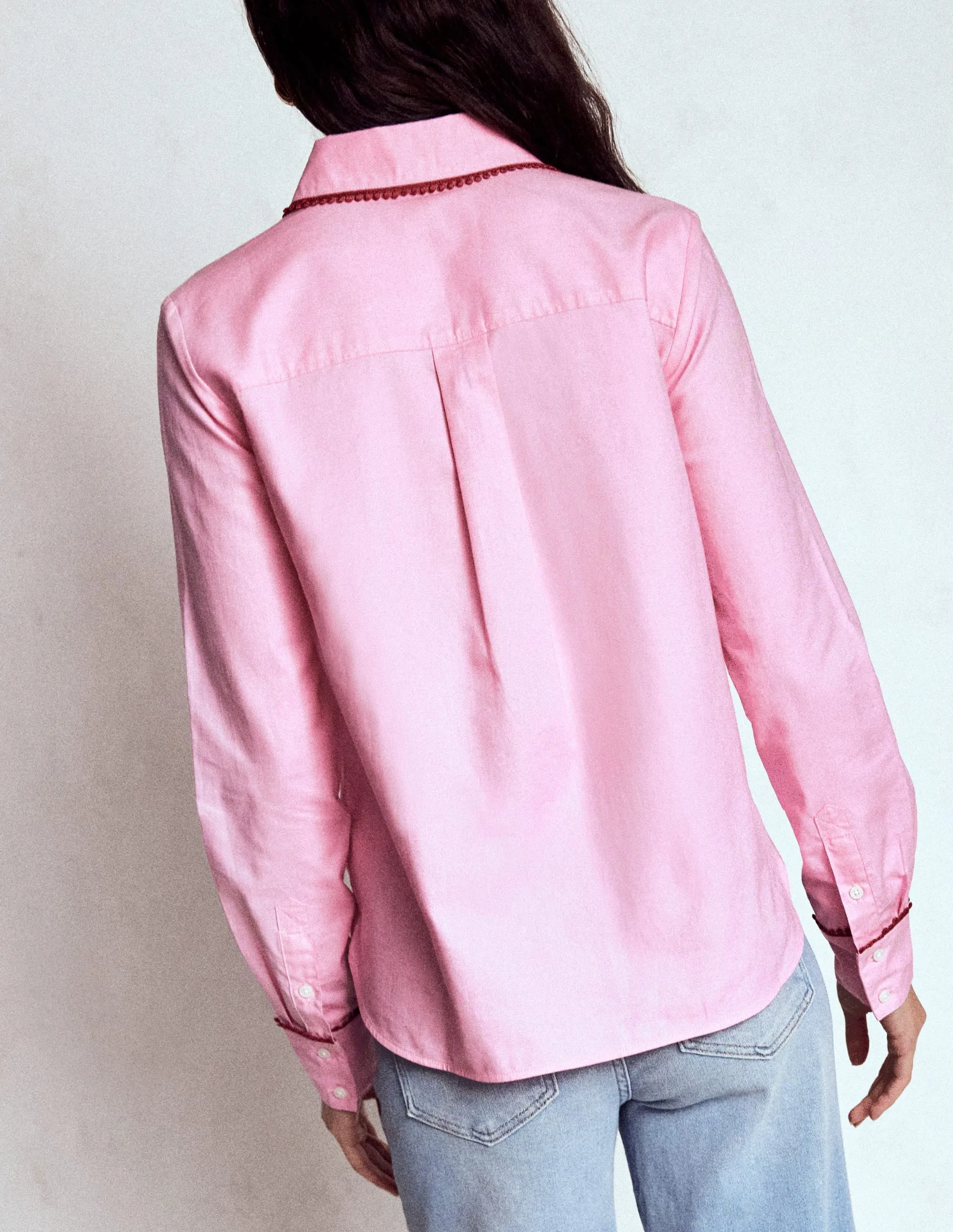 Sienna Interest Cotton Shirt-Pink, Pom Trim Weekend Style Relaxed Wear Fit