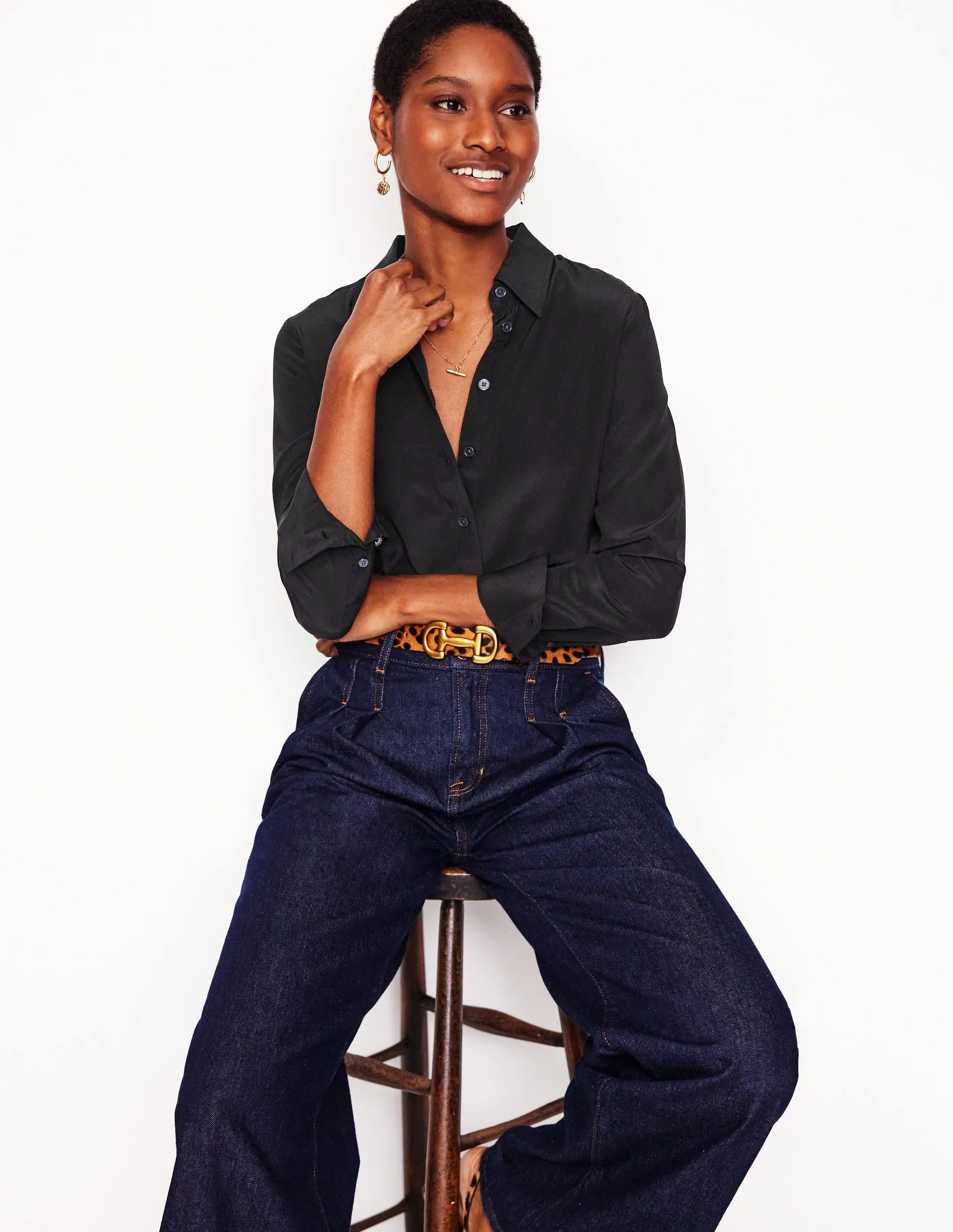 Drip Dry Fabric Sienna Silk Shirt-Black