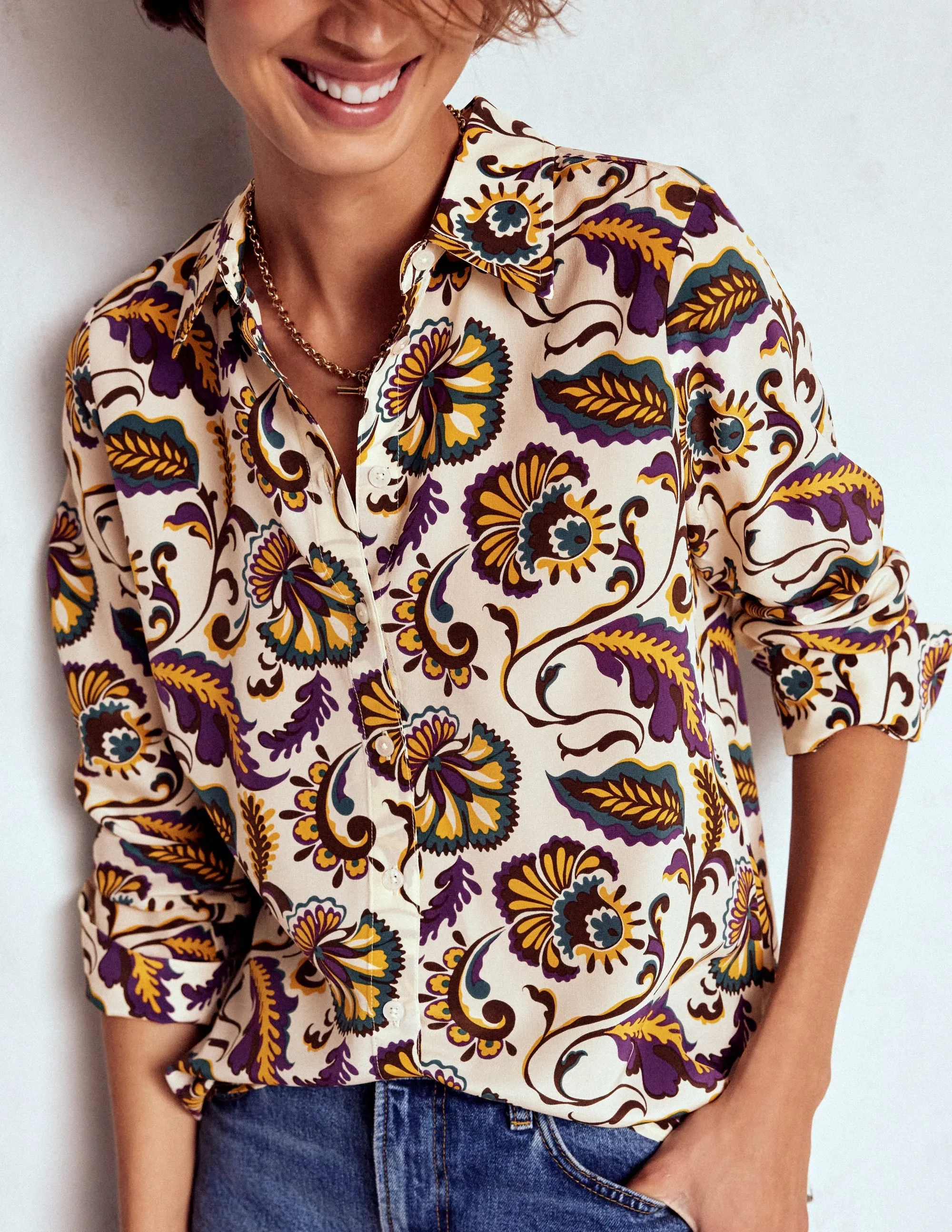 Sienna Silk Shirt-Multi, Ornate Meadow Non Restrictive Fit