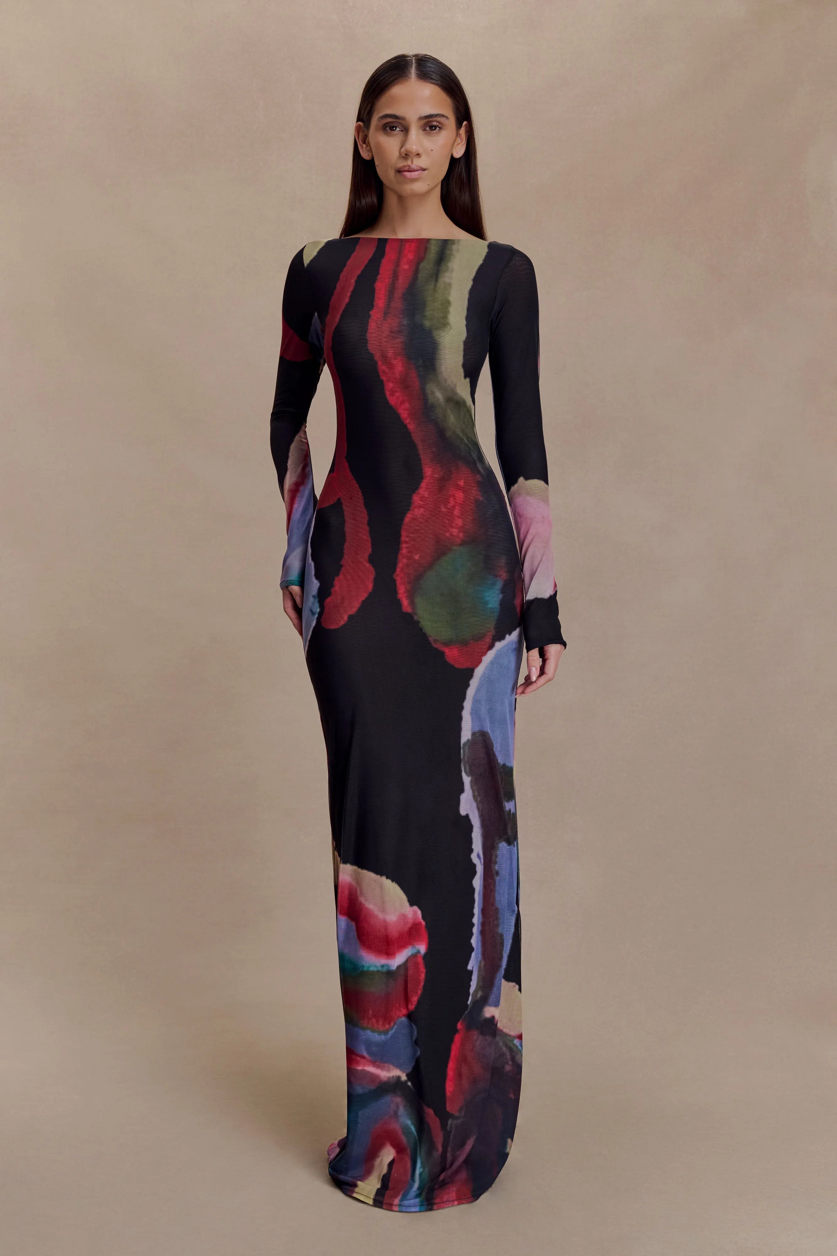 Soraya Long Sleeve Mesh Maxi Dress - Multi Fluid Reverie Print Wedding guest Compressible
