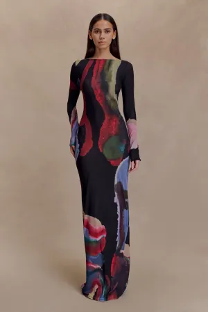 Soraya Long Sleeve Mesh Maxi Dress - Multi Fluid Reverie Print Wedding guest Compressible