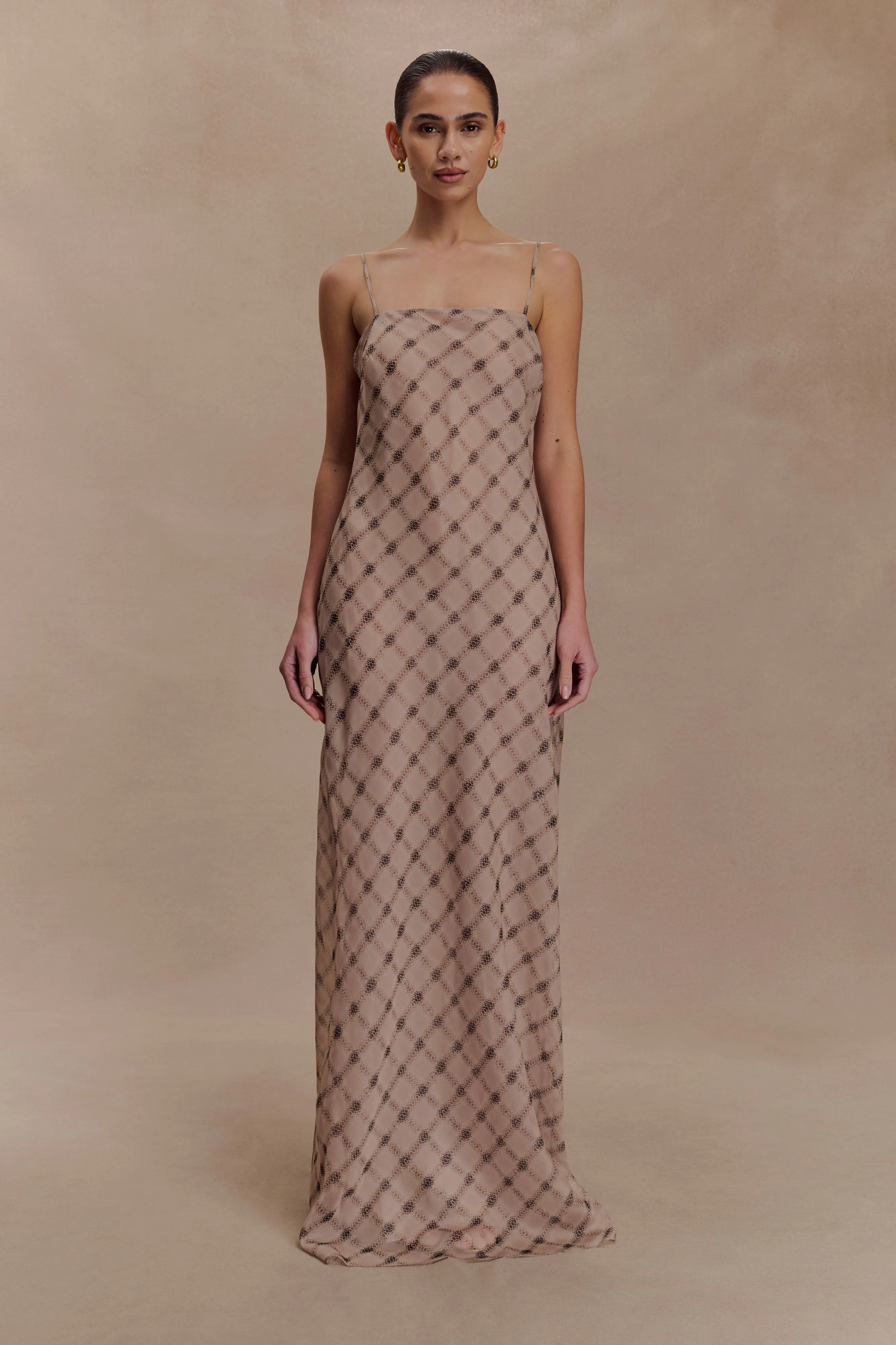 Silvana Chiffon Maxi Dress - Snake Check Print Mocha Fall Comfort